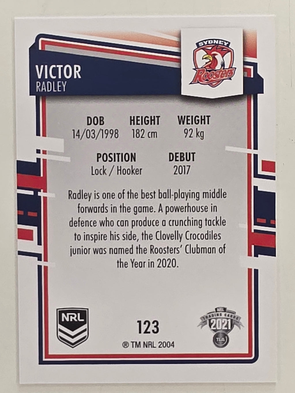 NRL 2021 Elite Base Card #123 Victor Radley Sydney Roosters