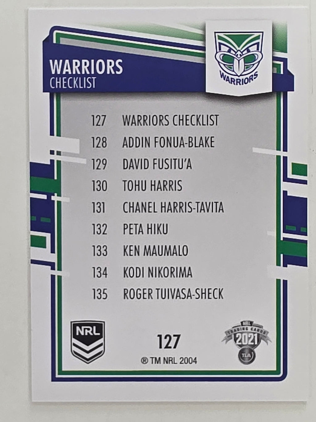 NRL 2021 Elite Base Card #127 Warriors Checklist New Zealand Warriors