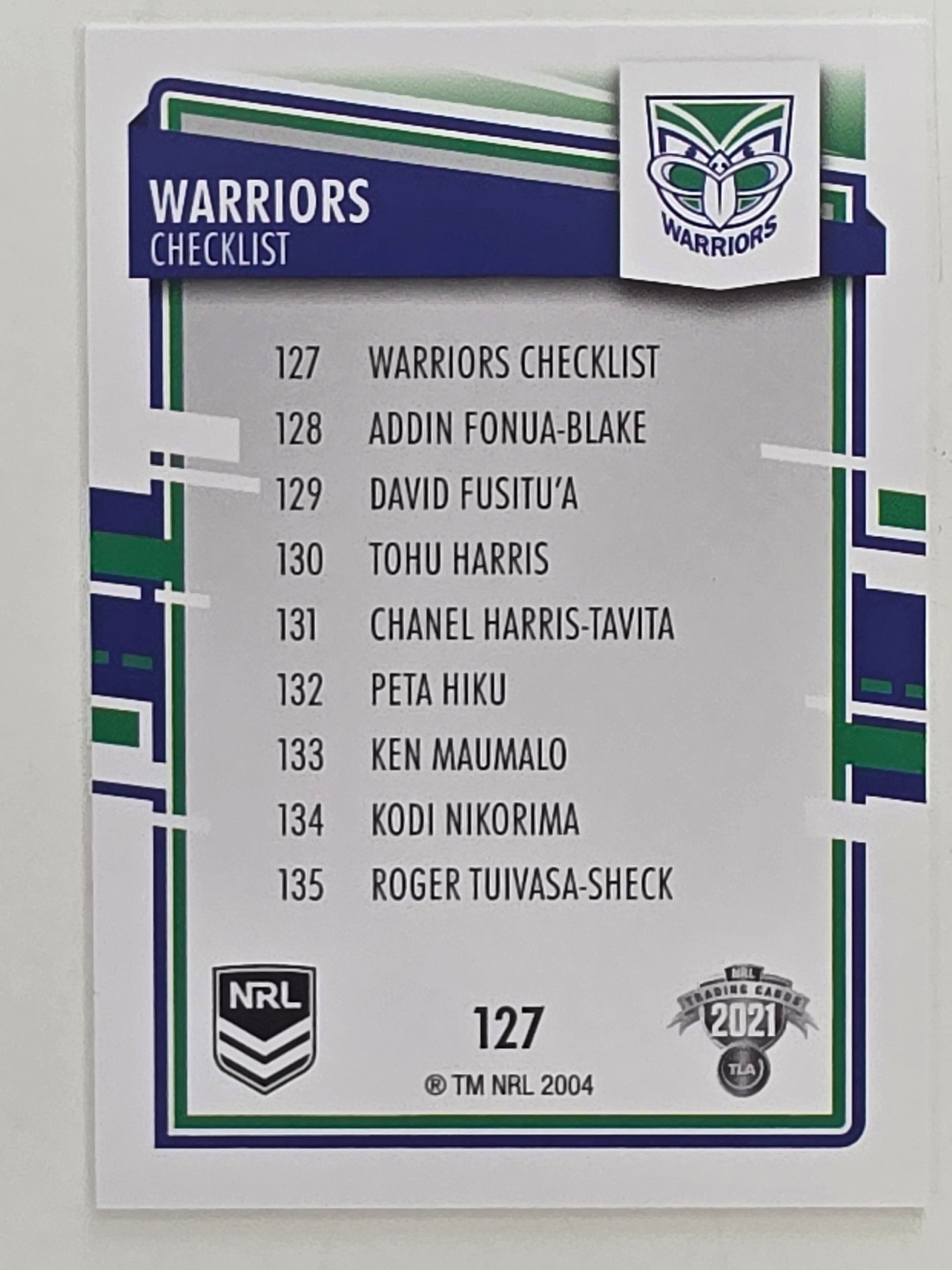 NRL 2021 Elite Base Card #127 Warriors Checklist New Zealand Warriors