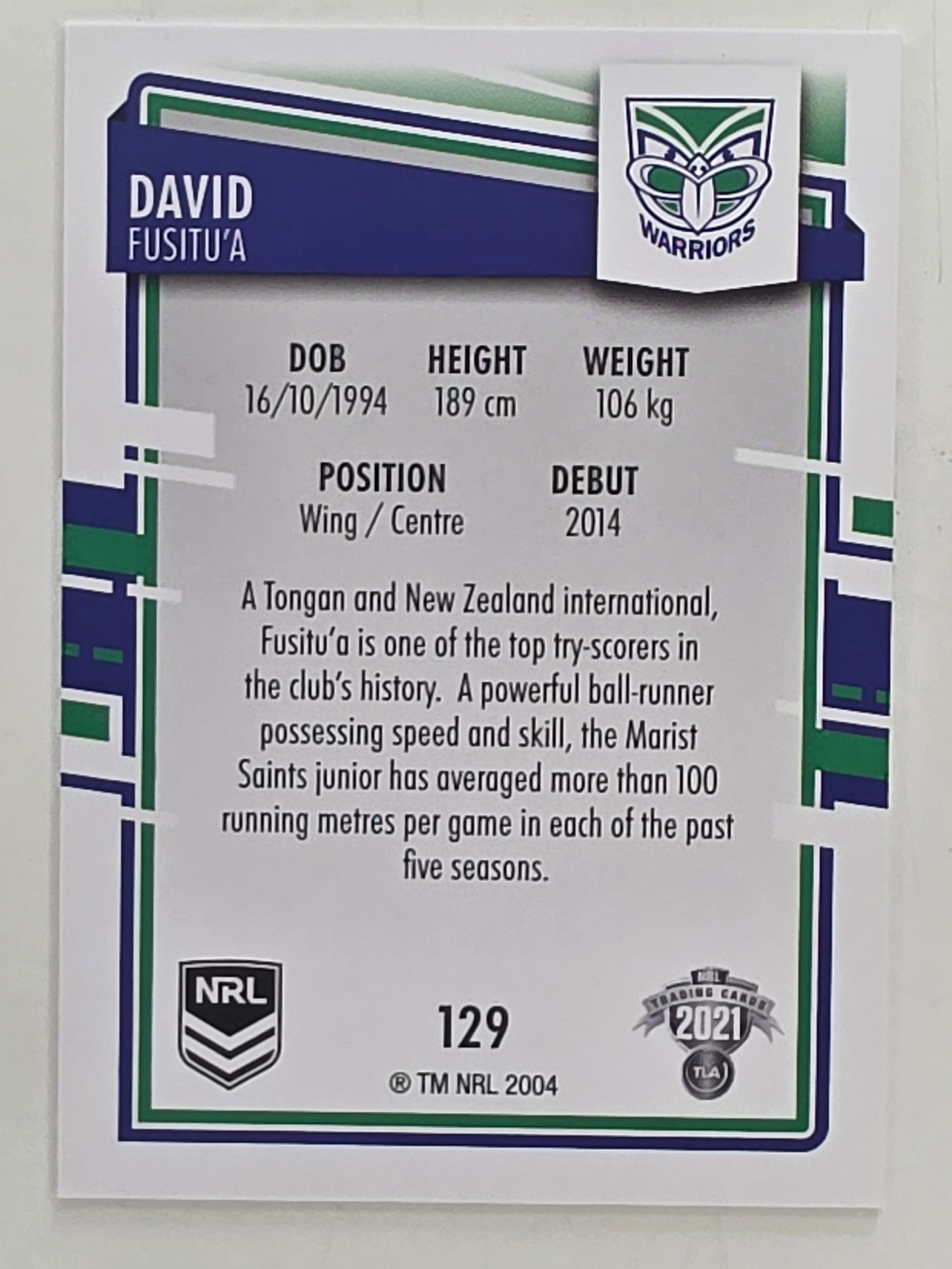 NRL 2021 Elite Base Card #129 David Fusitu’a New Zealand Warriors
