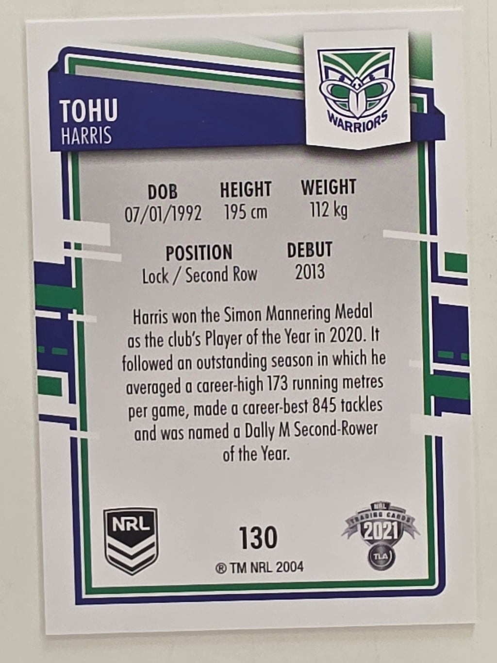 NRL 2021 Elite Base Card #130 Tohu Harris New Zealand Warriors