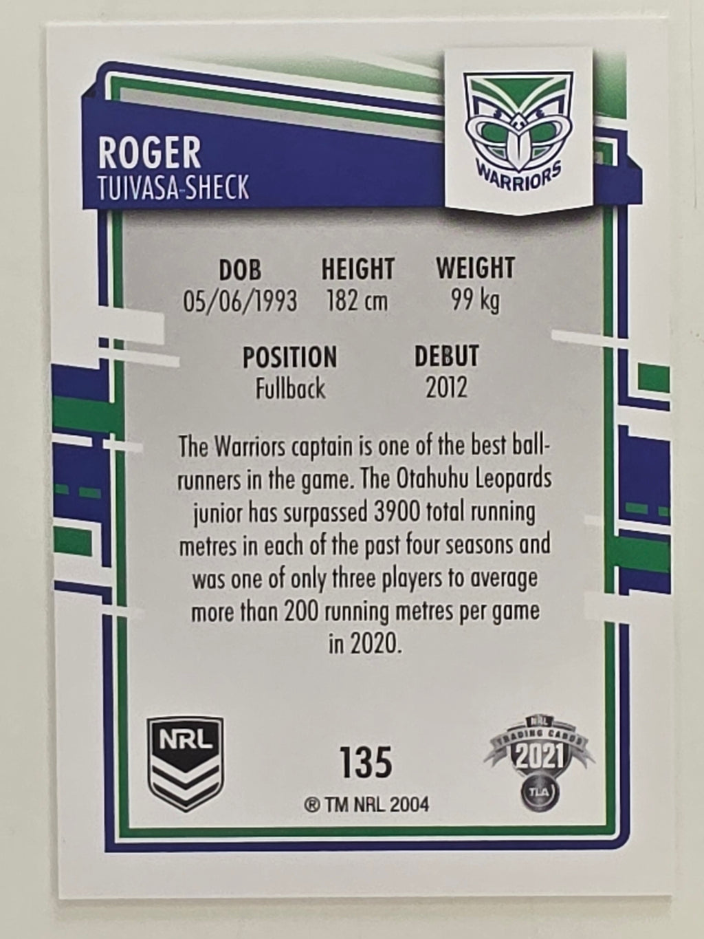 NRL 2021 Elite Base Card #135 Roger Tuivasa-Sheck New Zealand Warriors