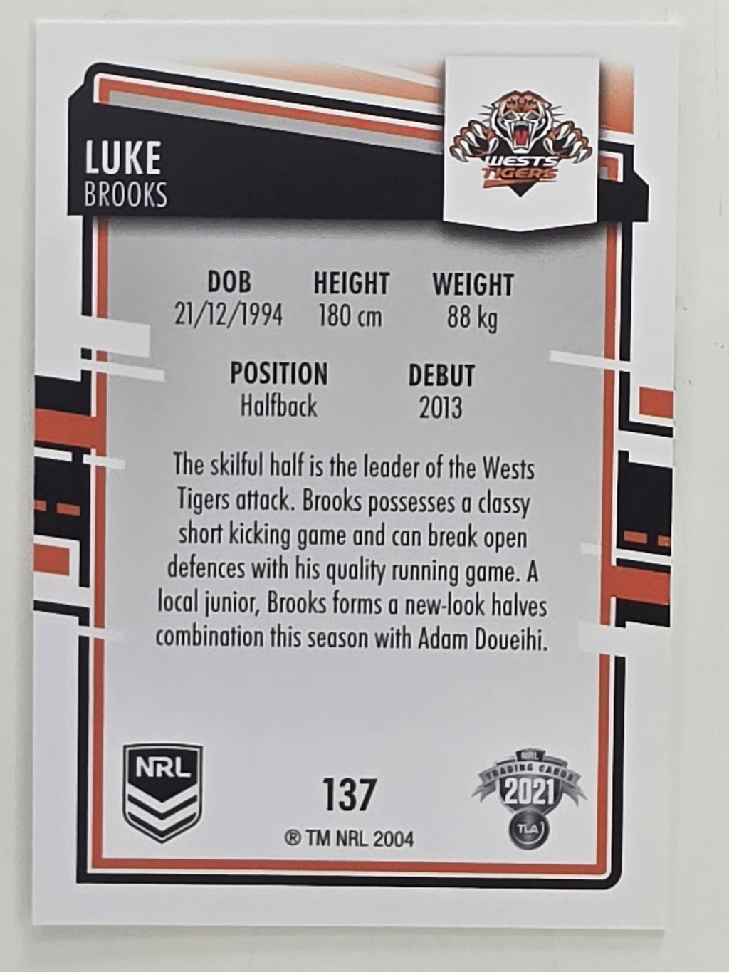 NRL 2021 Elite Base Card #137 Luke Brooks Wests Tigers