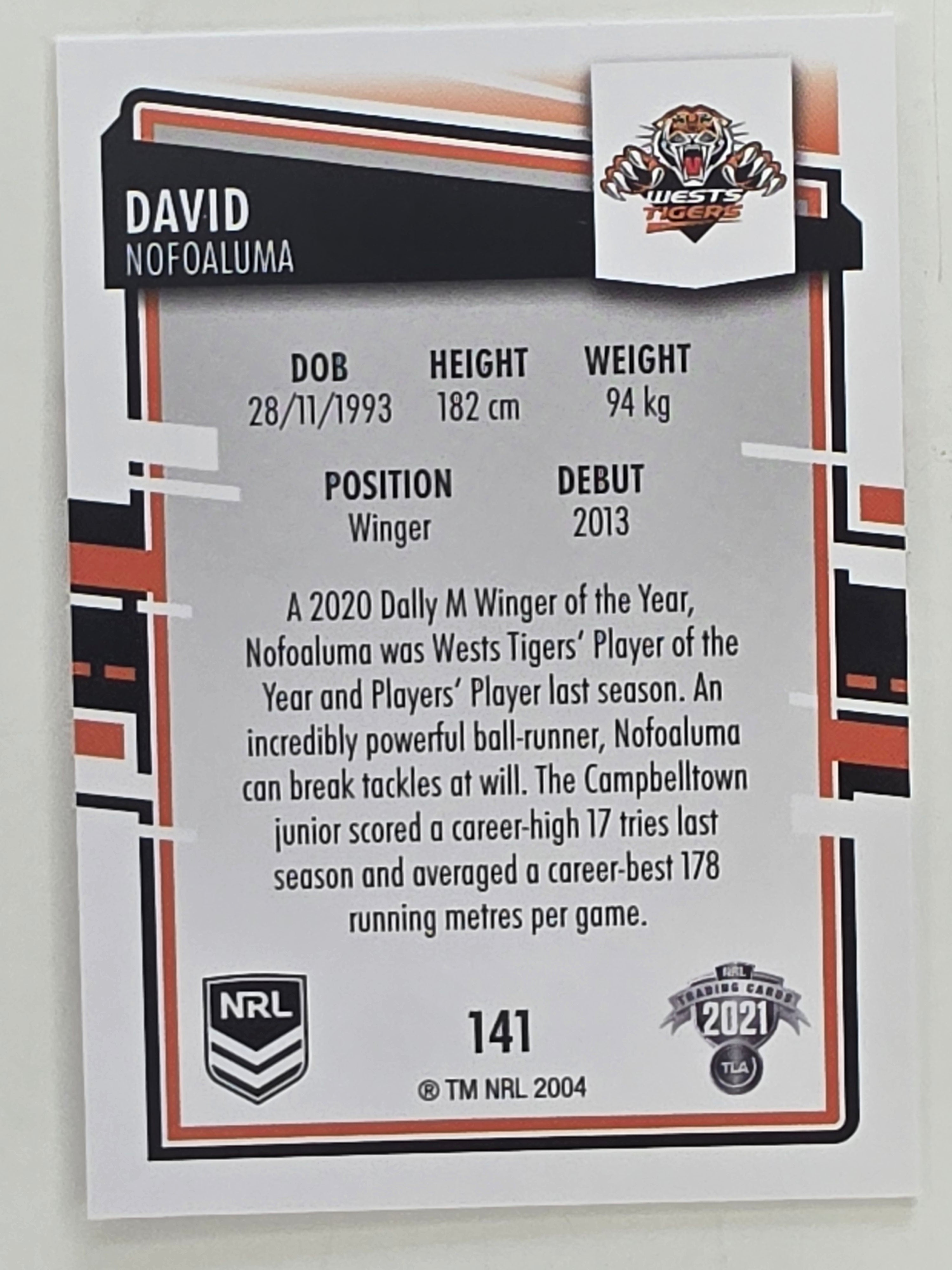 NRL 2021 Elite Base Card #141 David Nofoaluma Wests Tigers