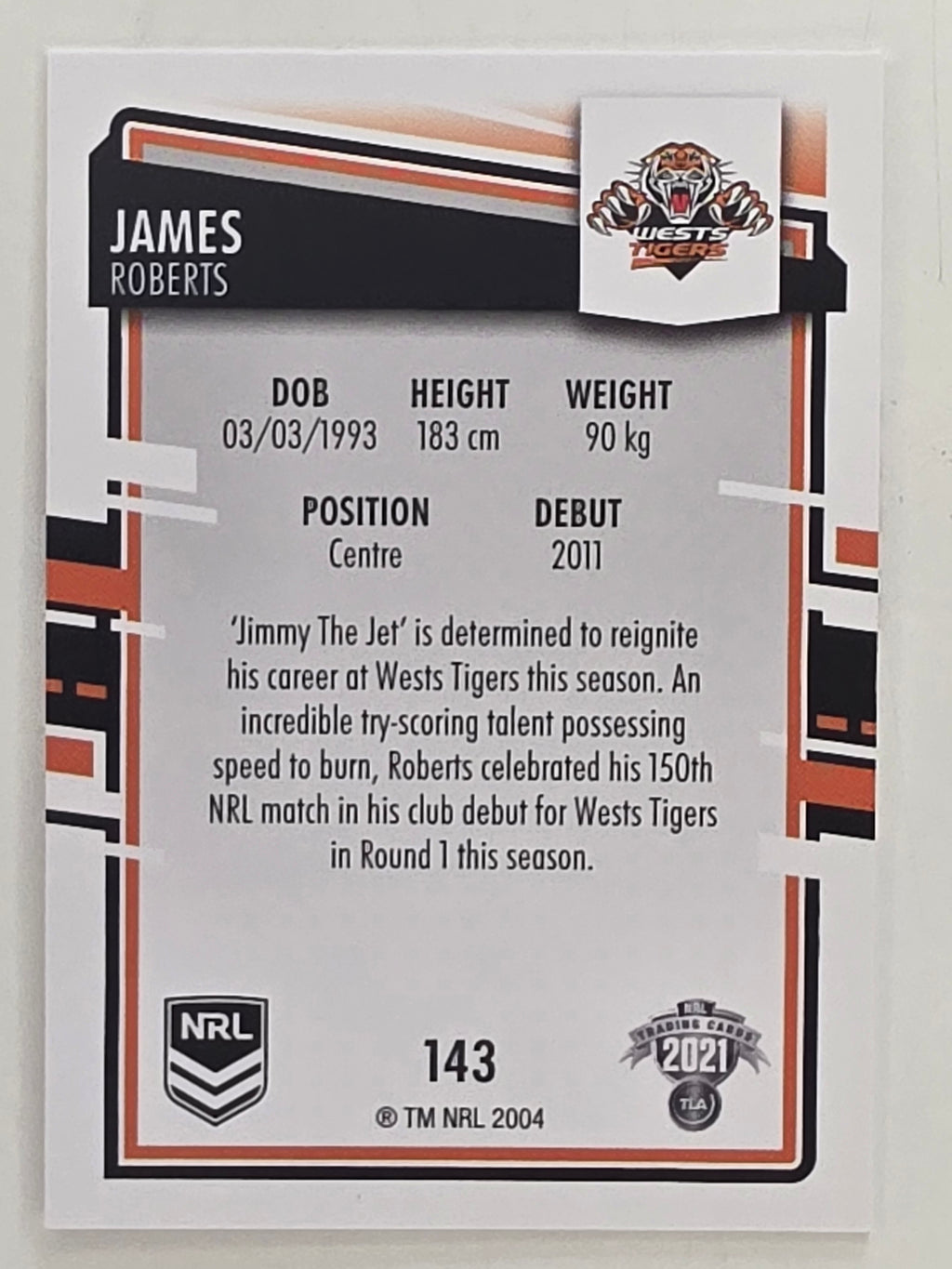 NRL 2021 Elite Base Card #143 James Roberts Wests Tigers