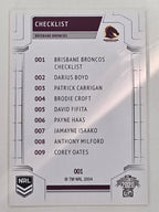 NRL 2020 Elite Base Card #001 Checklist Brisbane Broncos