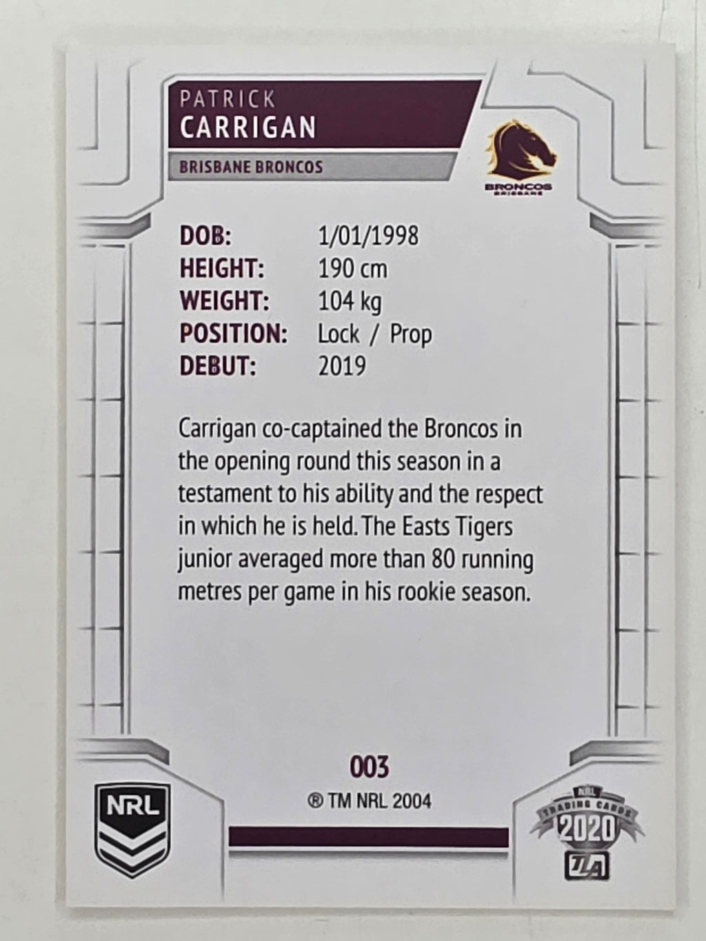 NRL 2020 Elite Base Card #003 Patrick Carrigan Brisbane Broncos