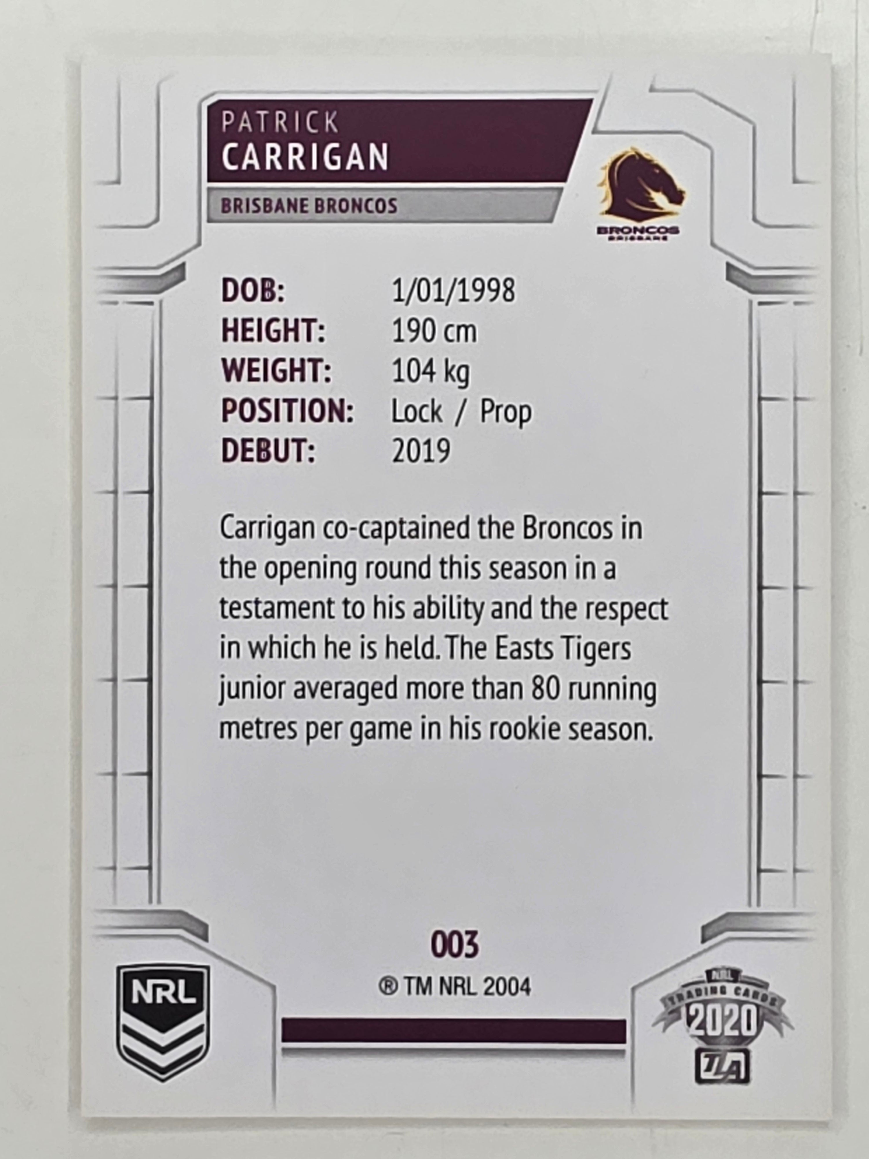 NRL 2020 Elite Base Card #003 Patrick Carrigan Brisbane Broncos