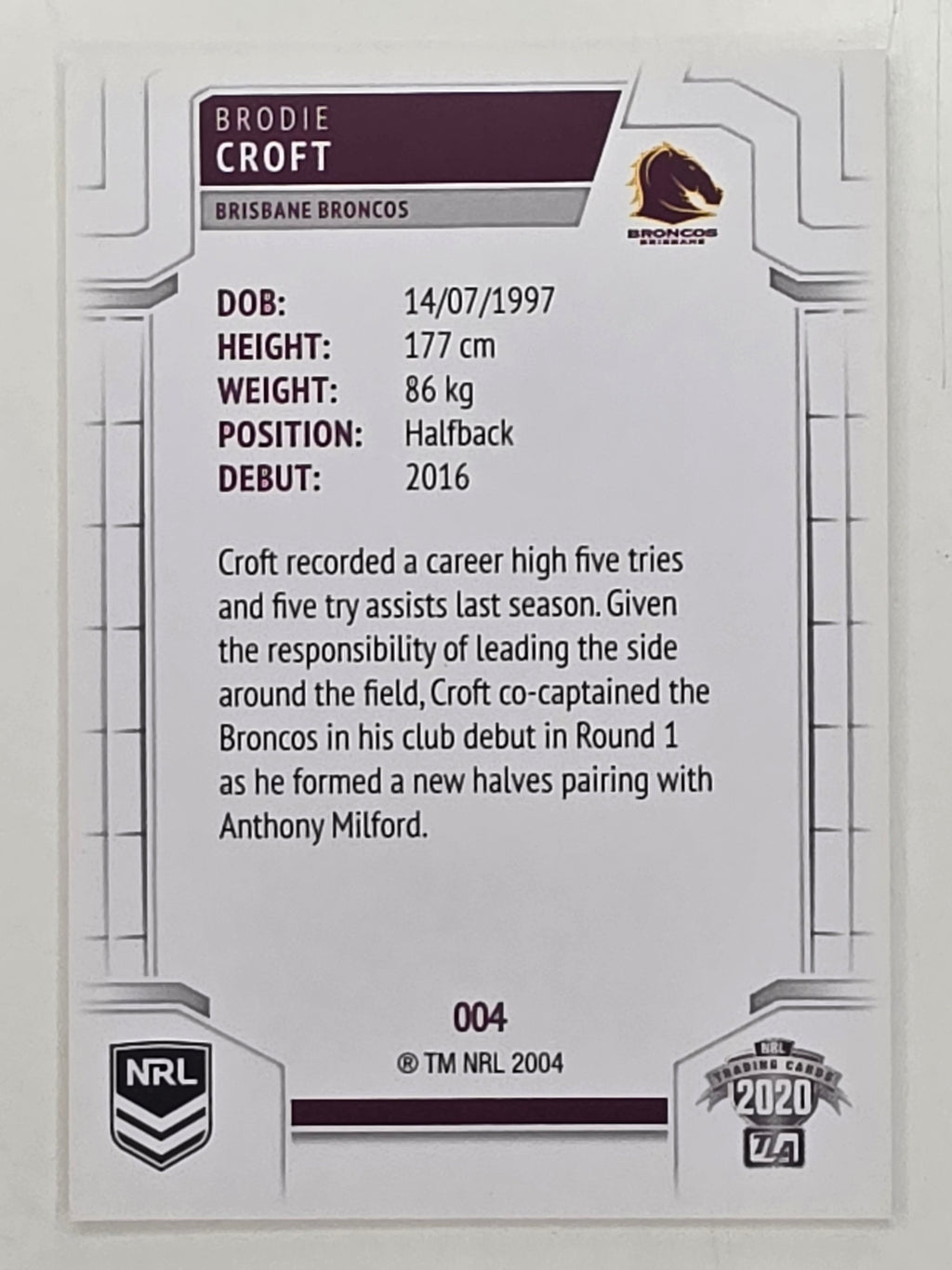 NRL 2020 Elite Base Card #004 Brodie Croft Brisbane Broncos