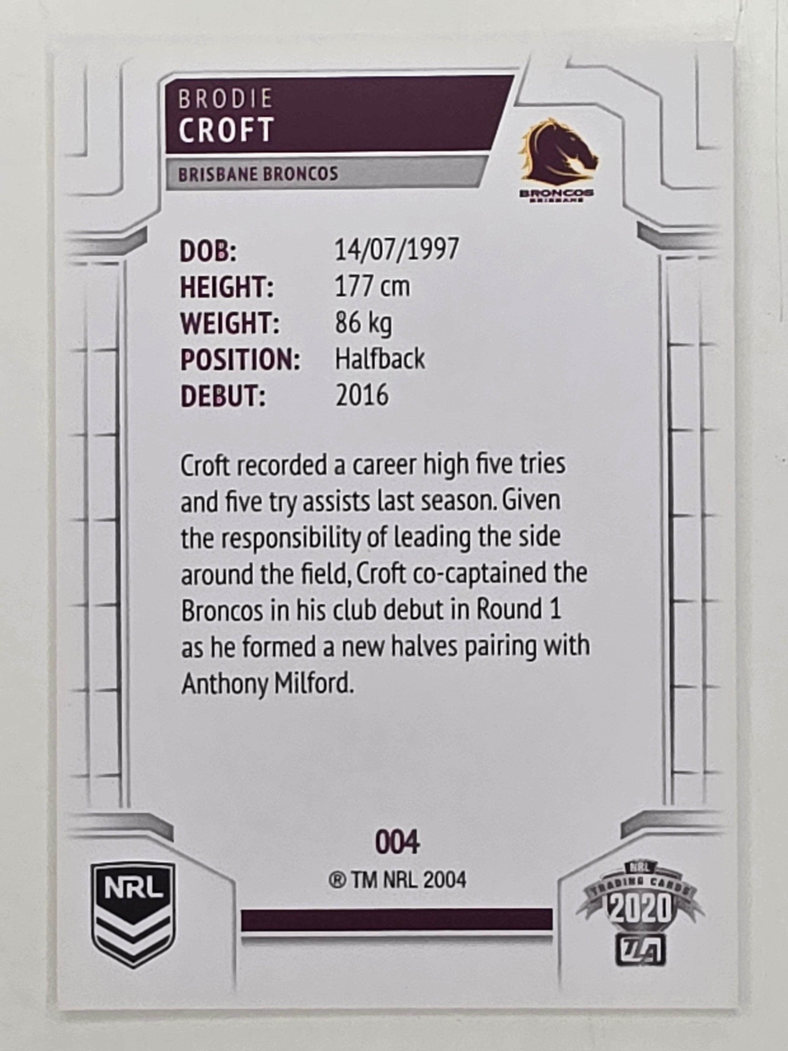 NRL 2020 Elite Base Card #004 Brodie Croft Brisbane Broncos