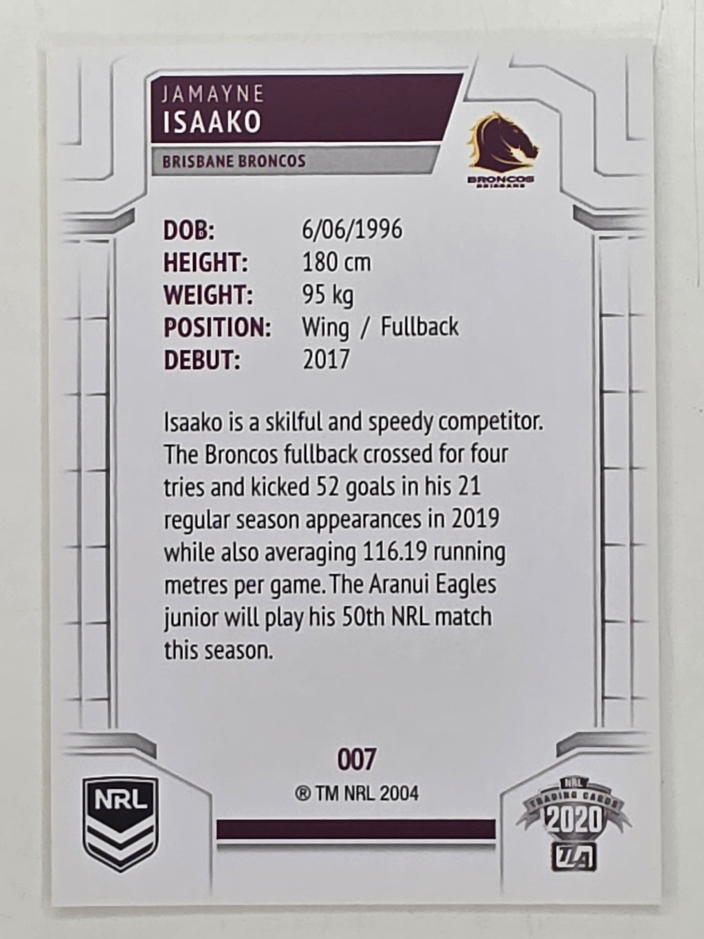 NRL 2020 Elite Base Card #007 Jamayne Isaako Brisbane Broncos