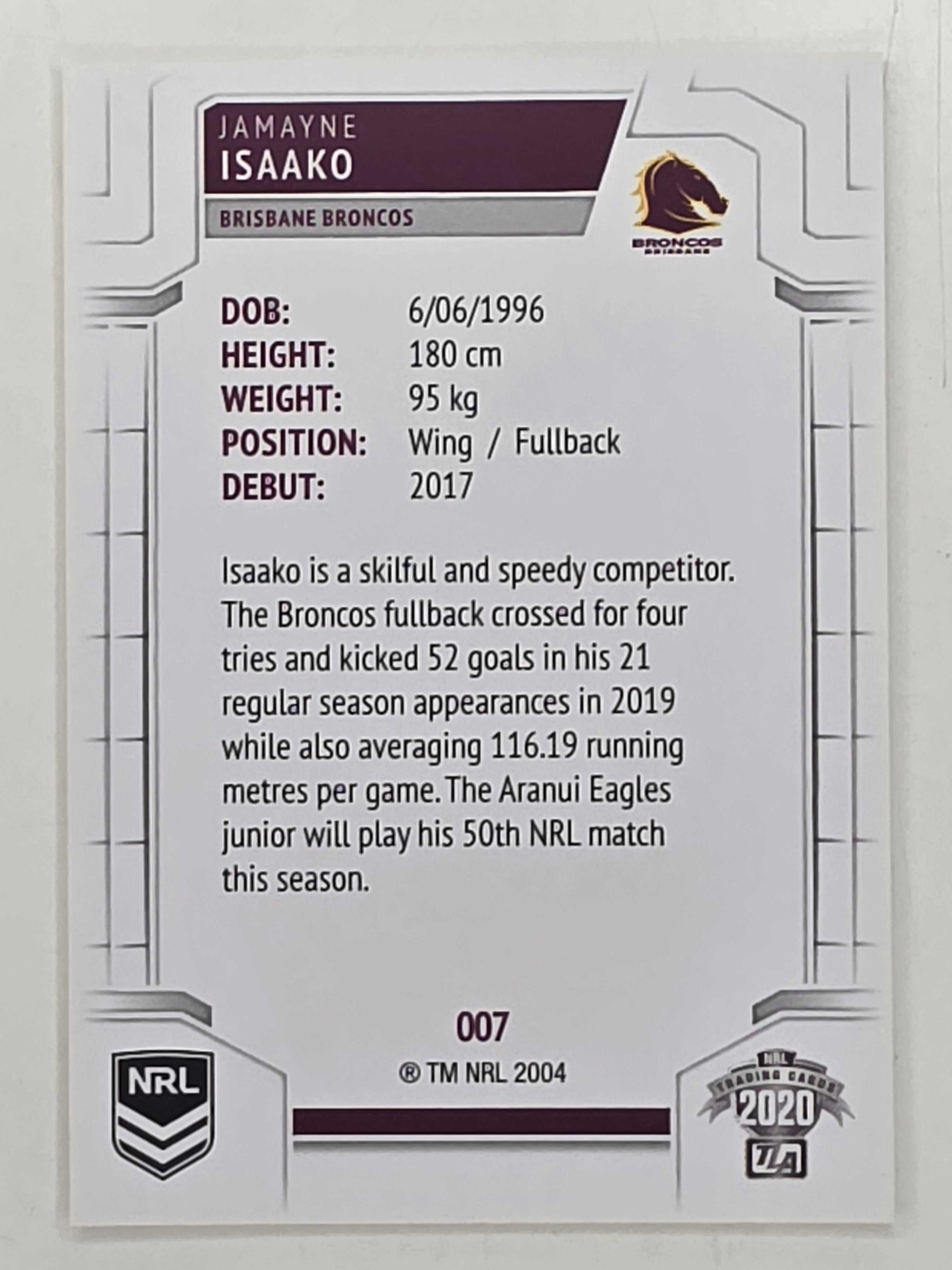 NRL 2020 Elite Base Card #007 Jamayne Isaako Brisbane Broncos