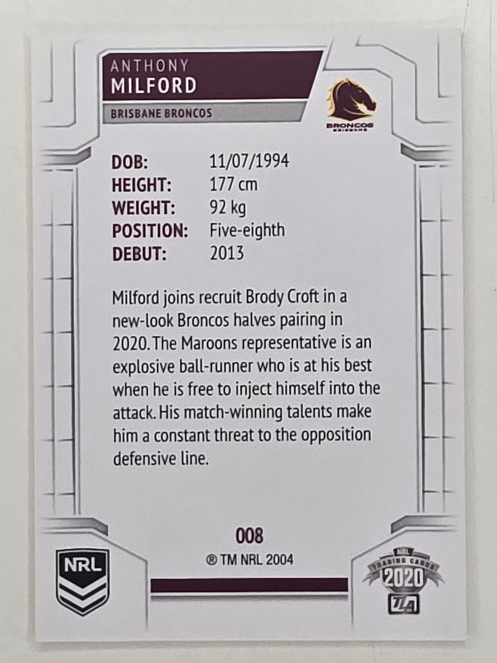 NRL 2020 Elite Base Card #008 Anthony Milford Brisbane Broncos