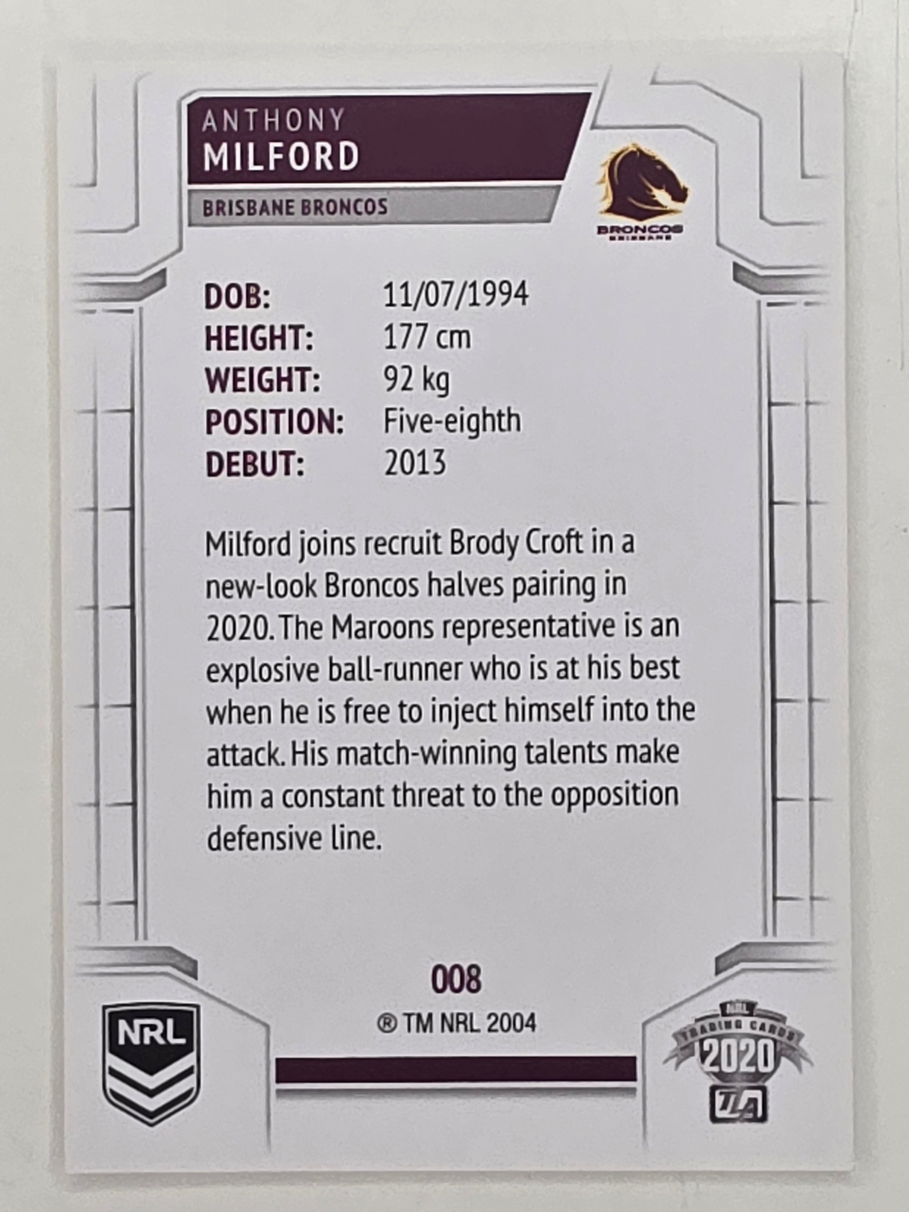 NRL 2020 Elite Base Card #008 Anthony Milford Brisbane Broncos