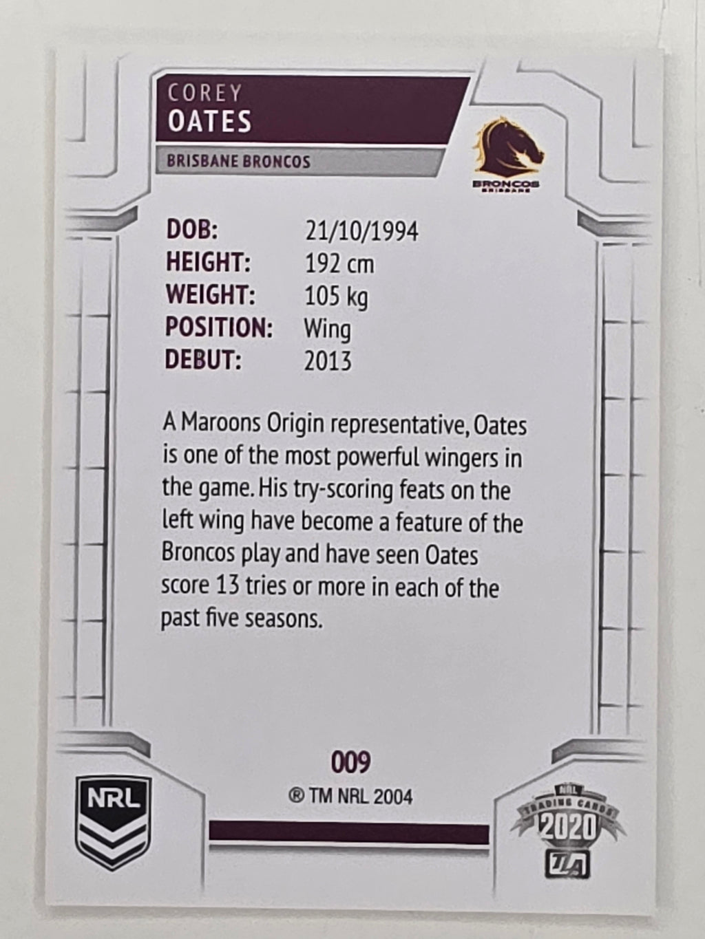NRL 2020 Elite Base Card #009 Corey Oates Brisbane Broncos