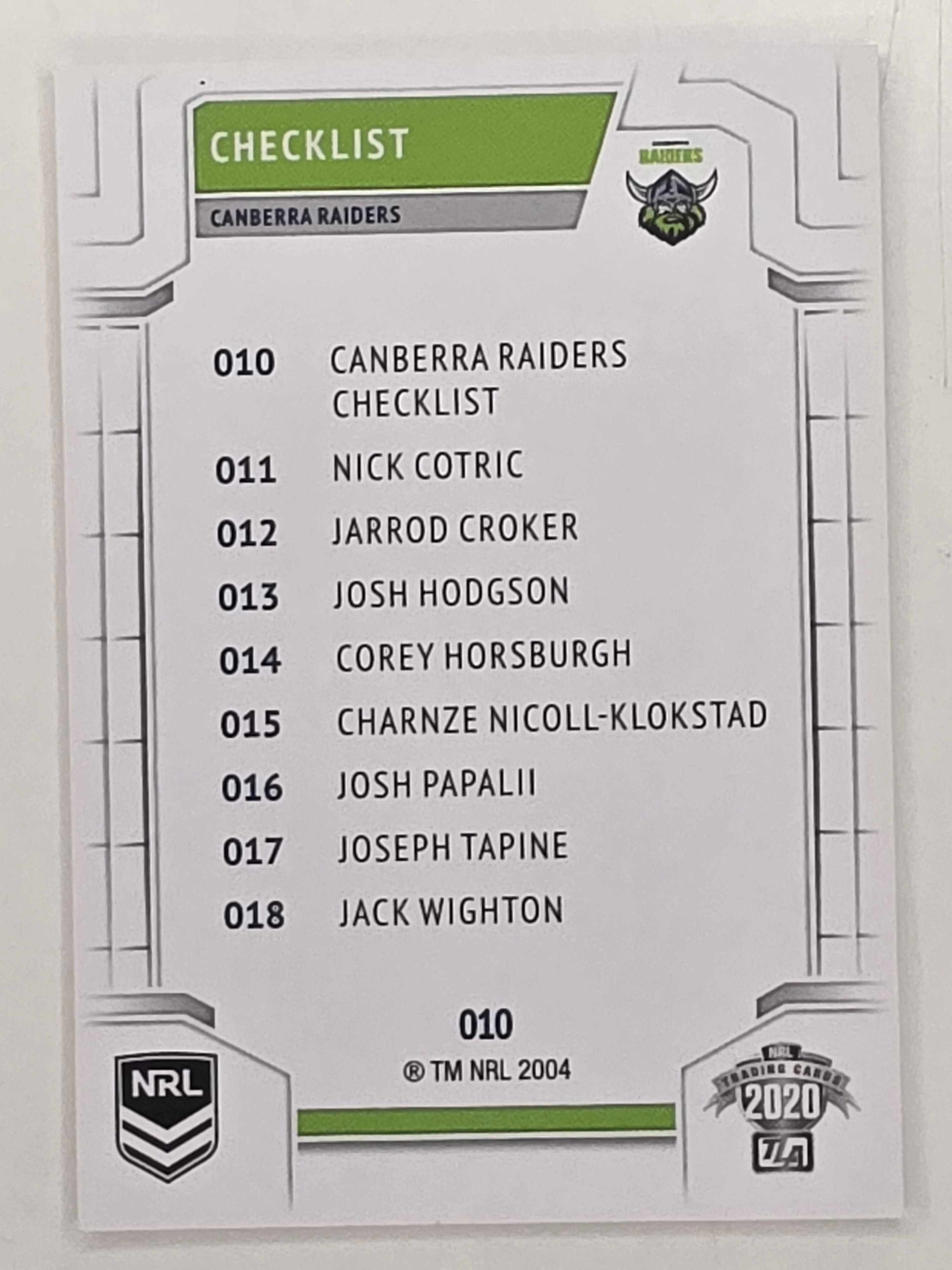 NRL 2020 Elite Base Card #010 Checklist Canberra Raiders