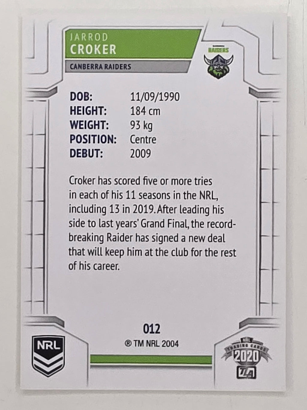 NRL 2020 Elite Base Card #012 Jarrod Croker Canberra Raiders