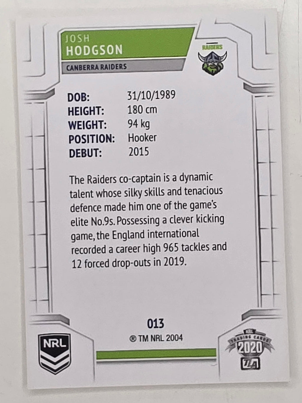 NRL 2020 Elite Base Card #013 Josh Hodgson Canberra Raiders