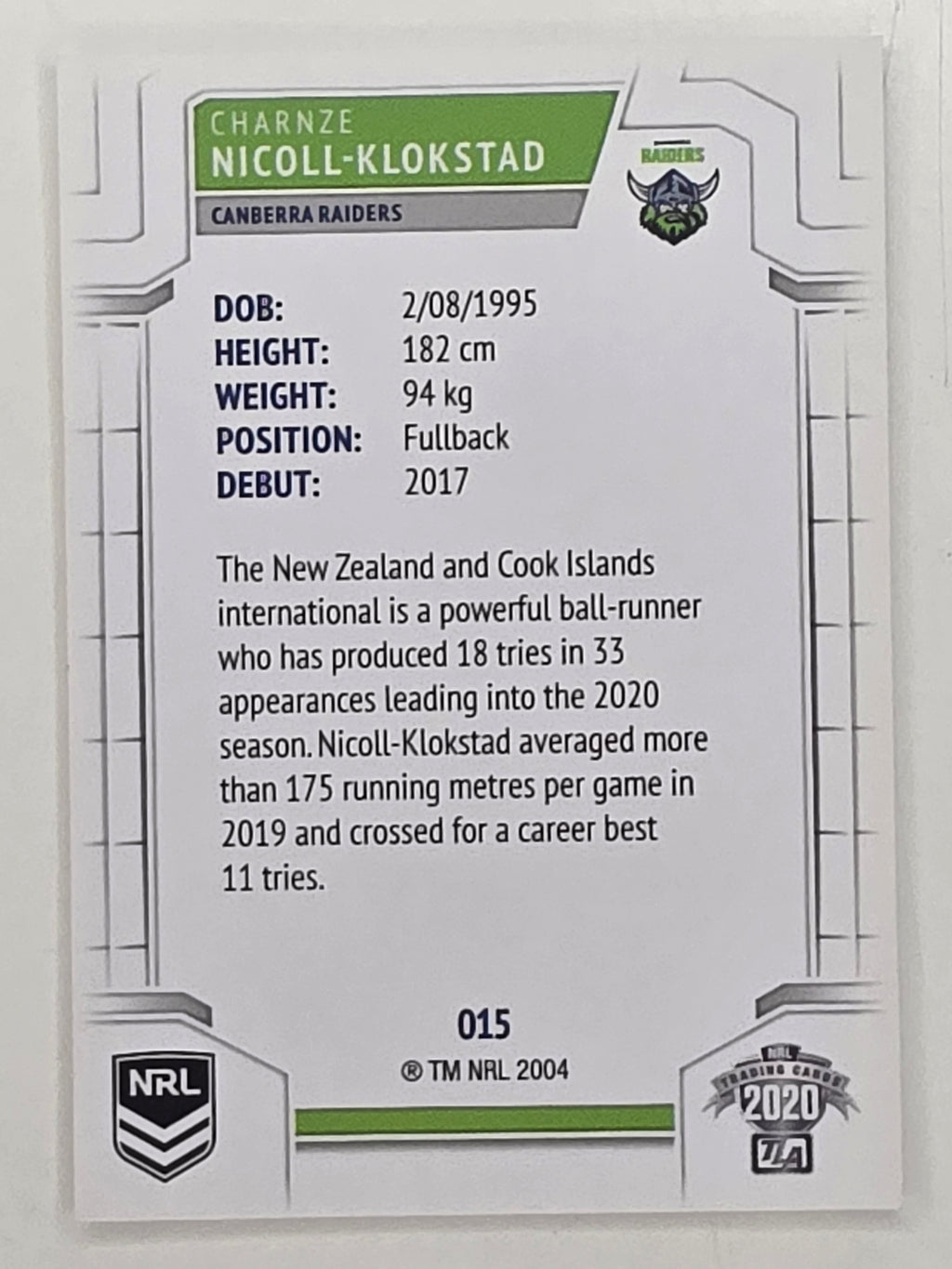 NRL 2020 Elite Base Card #015 Charnze Nicoll-Klokstad Canberra Raiders