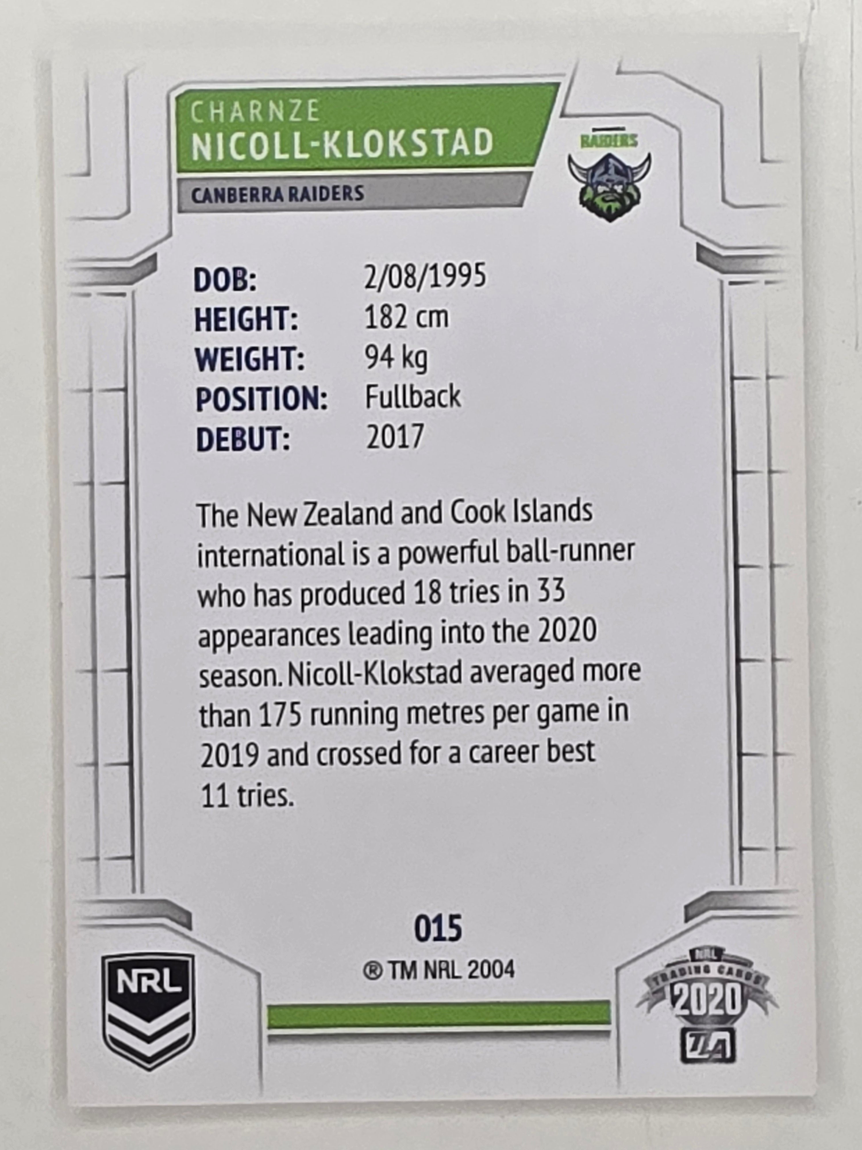 NRL 2020 Elite Base Card #015 Charnze Nicoll-Klokstad Canberra Raiders