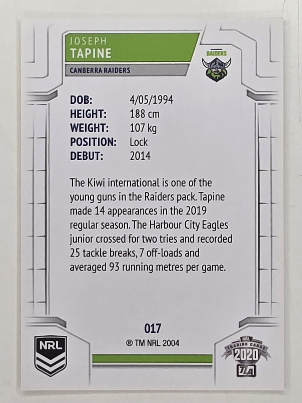 NRL 2020 Elite Base Card #017 Joseph Tapine Canberra Raiders
