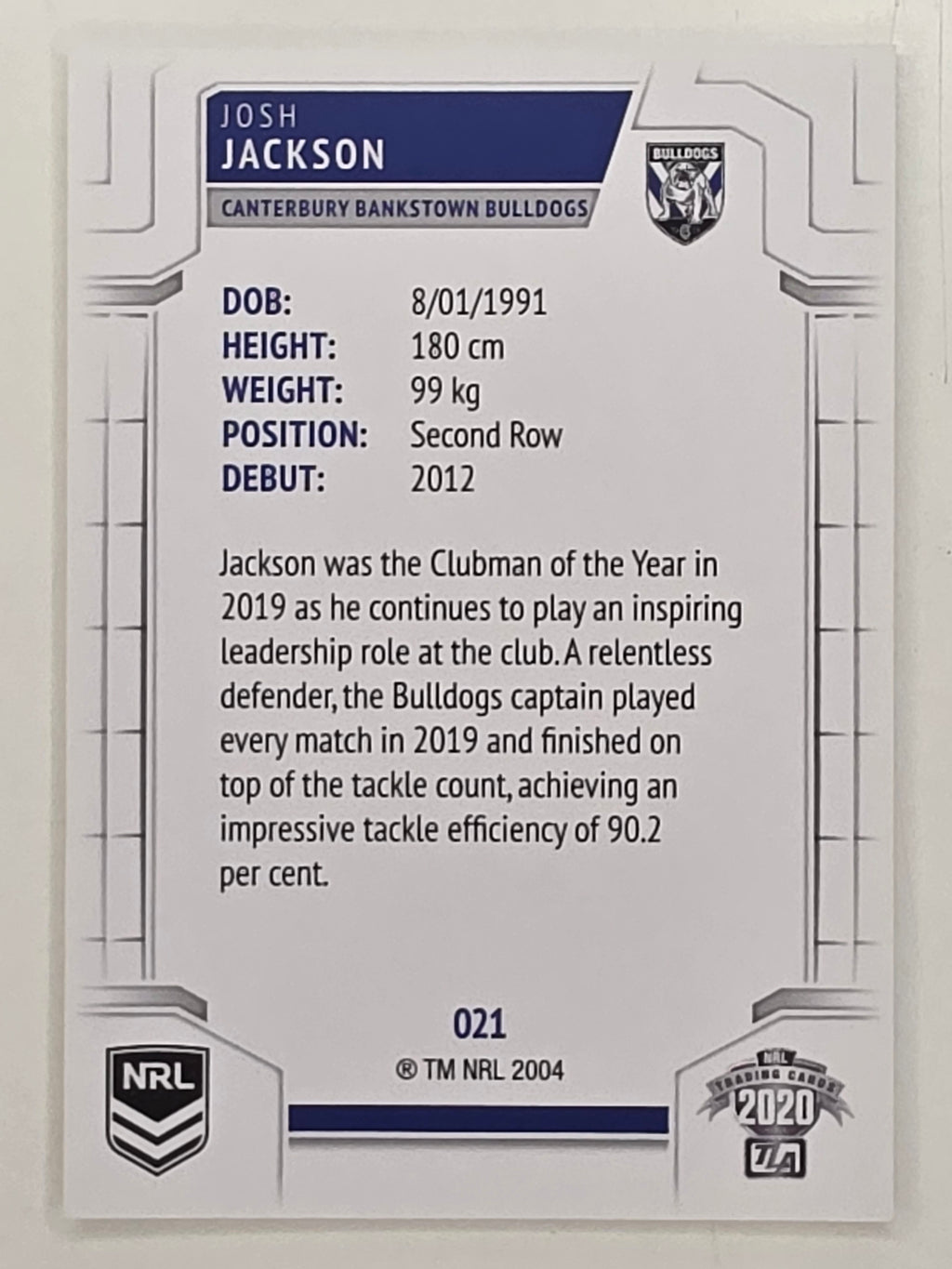 NRL 2020 Elite Base Card #021 Josh Jackson Canterbury Bankstown Bulldogs