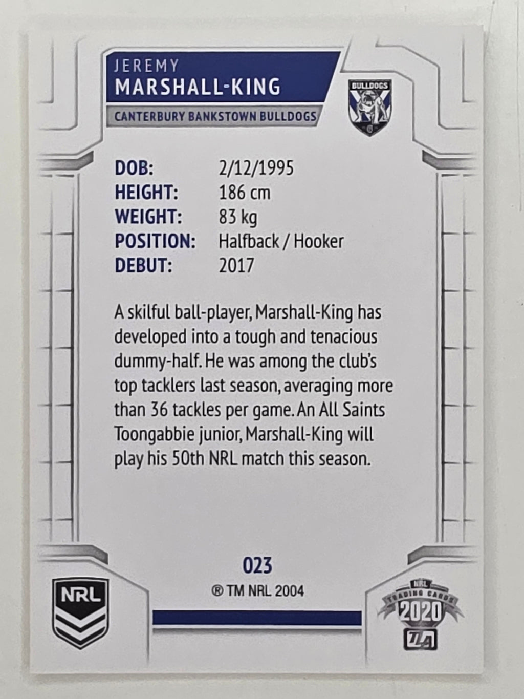 NRL 2020 Elite Base Card #023 Jeremy Marshall-King Canterbury Bankstown Bulldogs