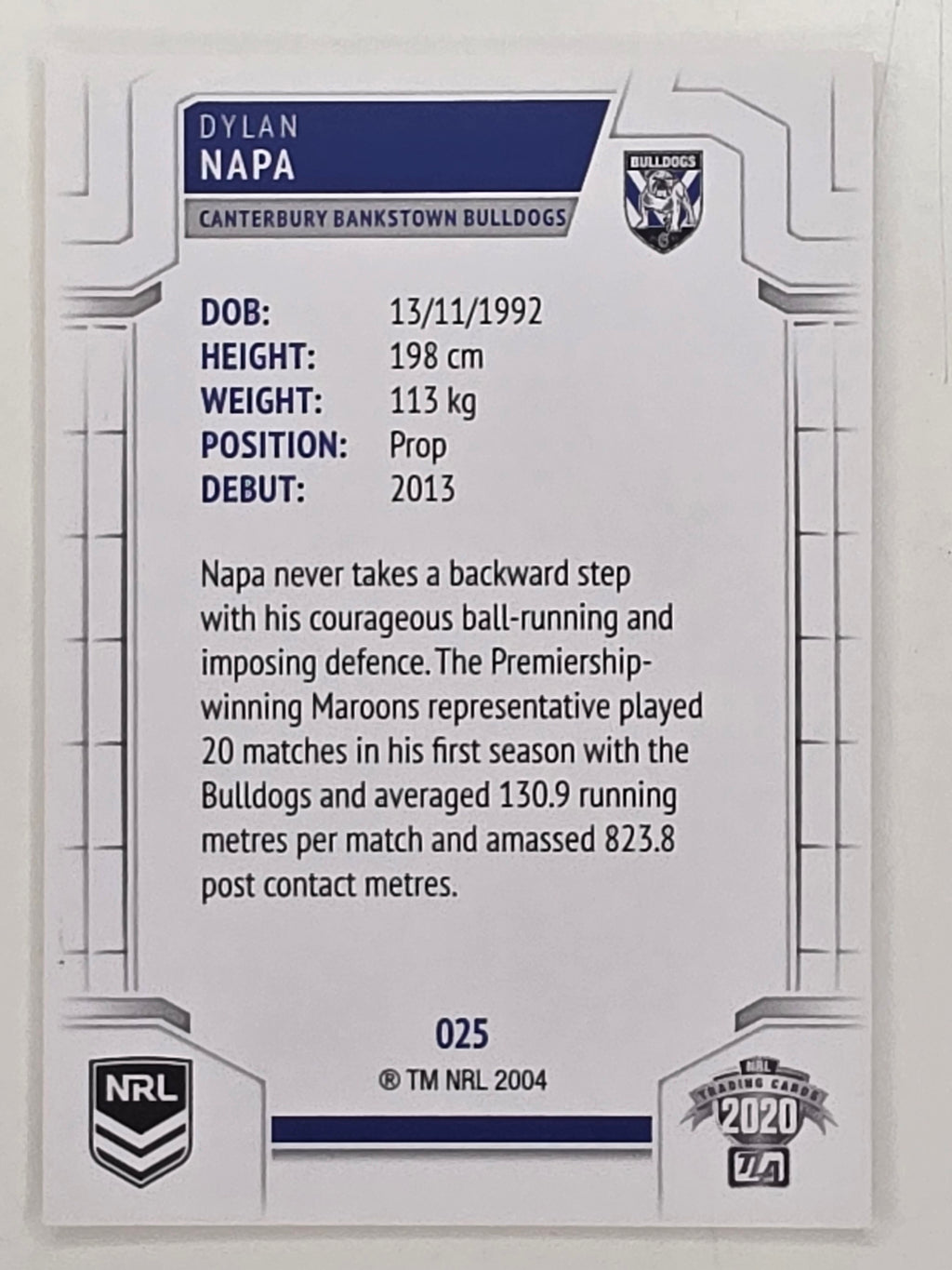 NRL 2020 Elite Base Card #025 Dylan Napa Canterbury Bankstown Bulldogs