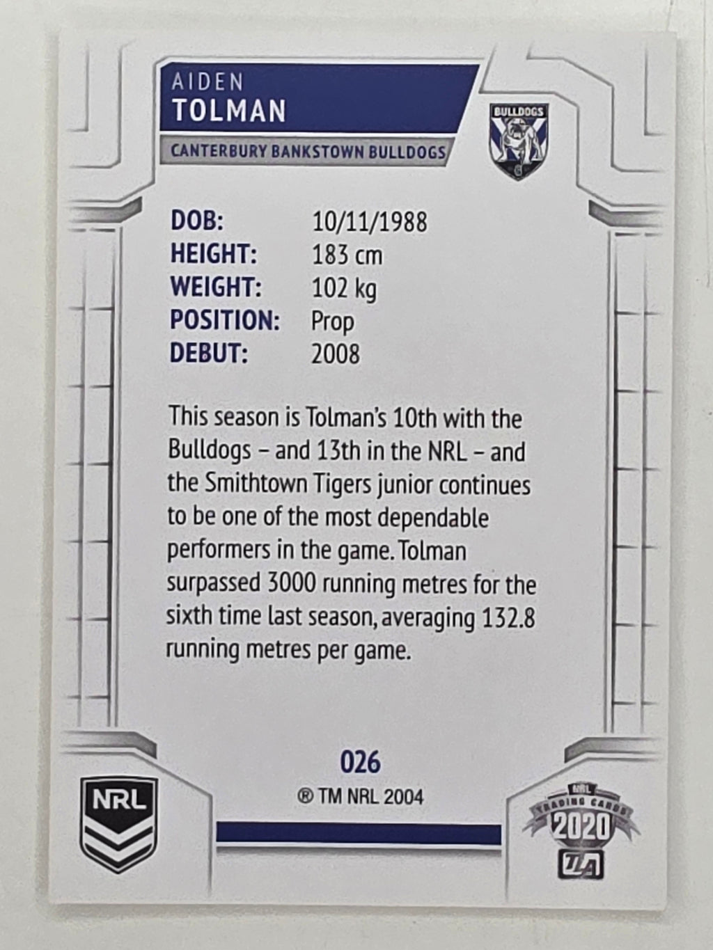 NRL 2020 Elite Base Card #026 Aiden Tolman Canterbury Bankstown Bulldogs