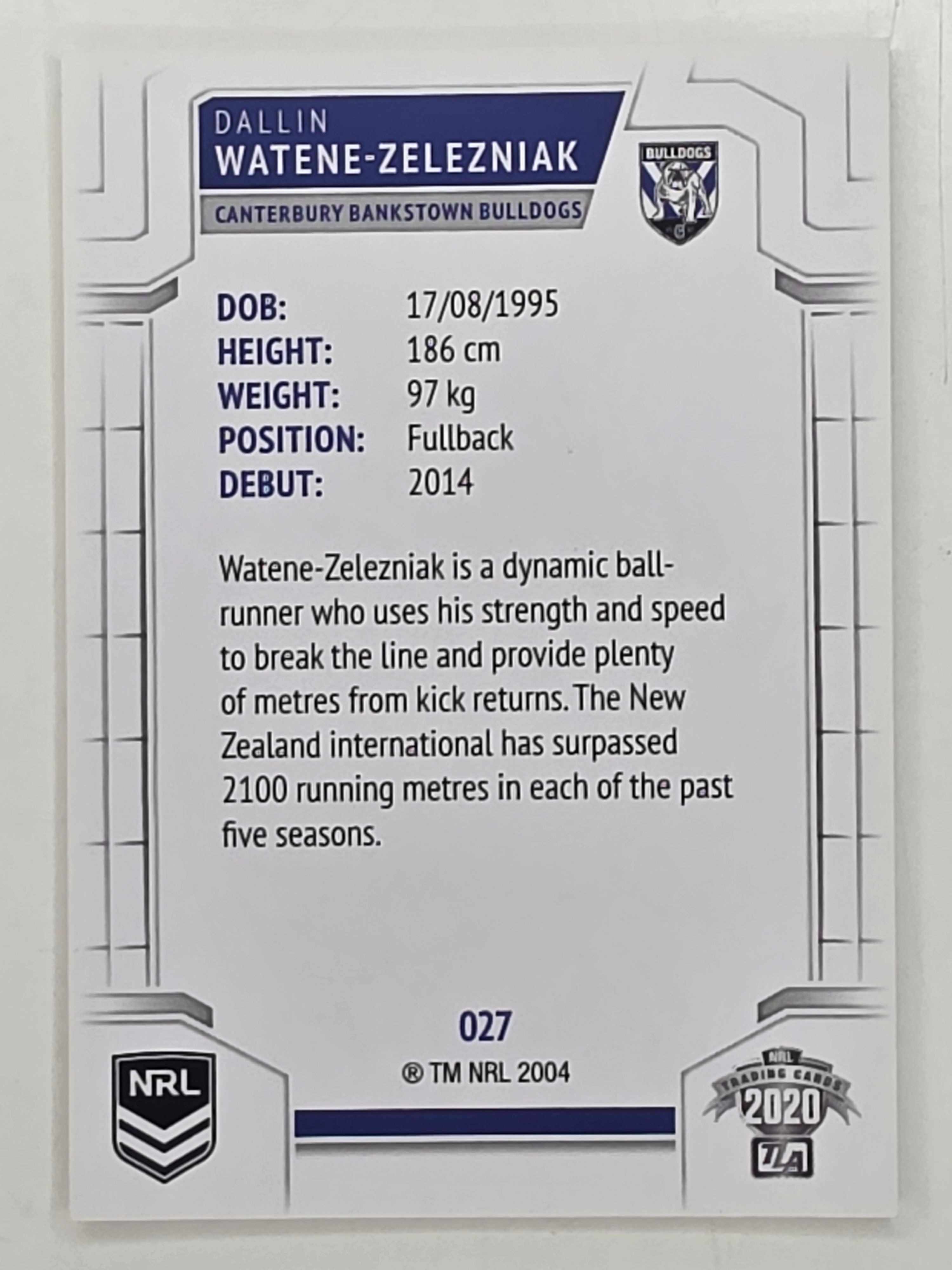 NRL 2020 Elite Base Card #027 Dallin Watene-Zelezniak Canterbury Bankstown Bulldogs