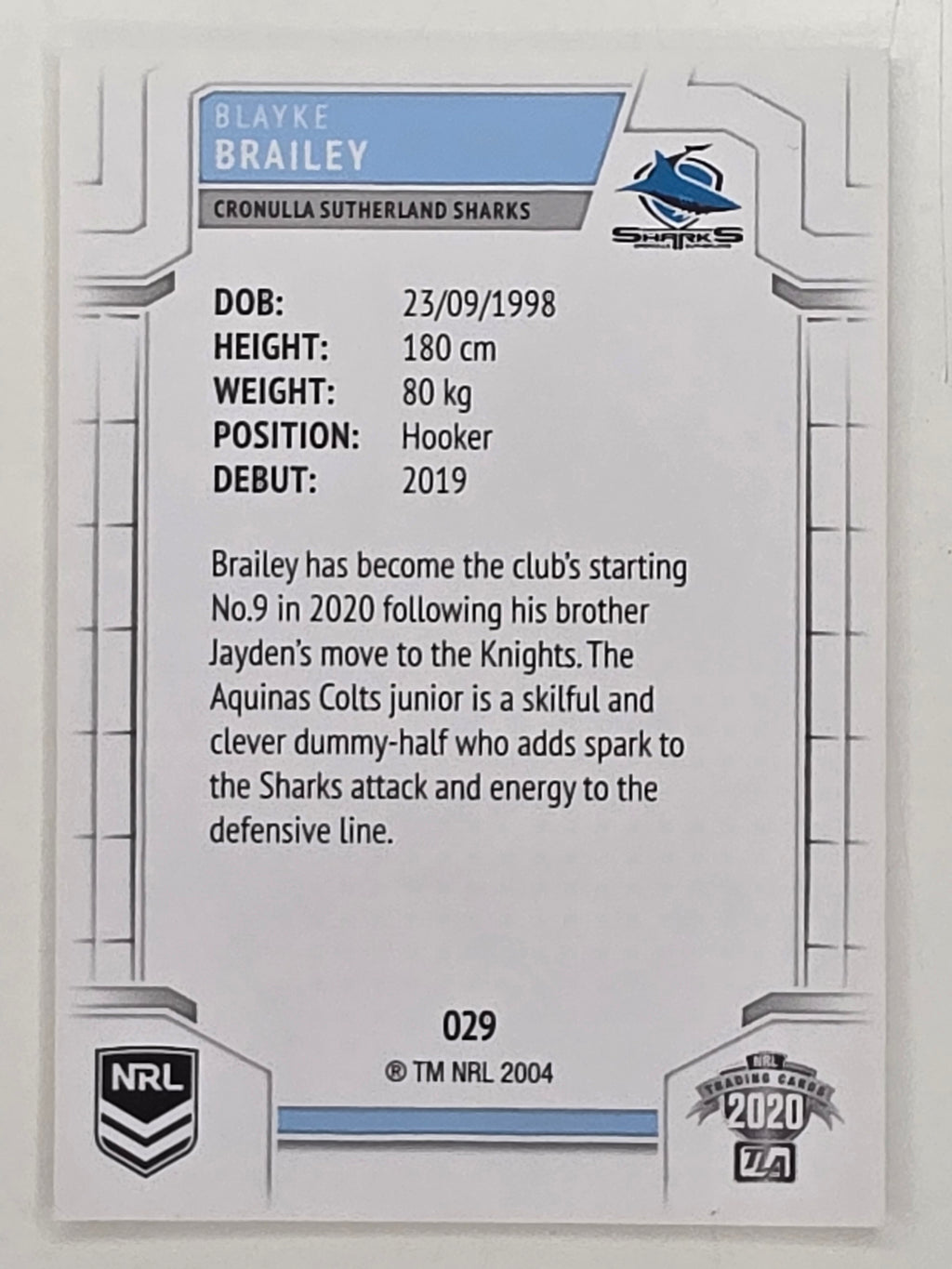 NRL 2020 Elite Base Card #029 Blayke Brailey Cronulla Sutherland Sharks