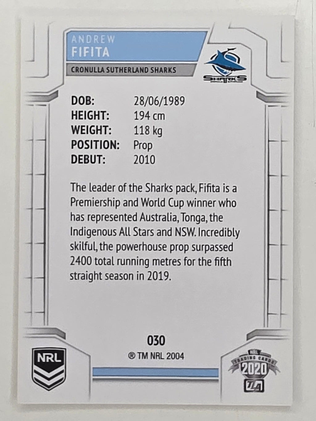 NRL 2020 Elite Base Card #030 Andrew Fifita Cronulla Sutherland Sharks
