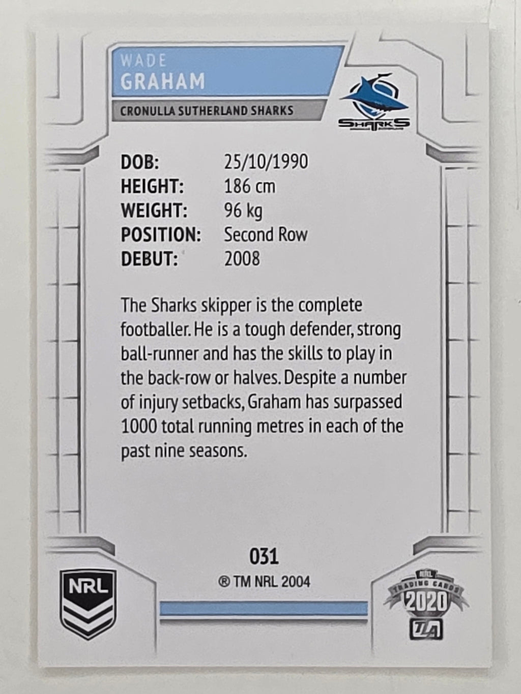 NRL 2020 Elite Base Card #031 Wade Graham Cronulla Sutherland Sharks