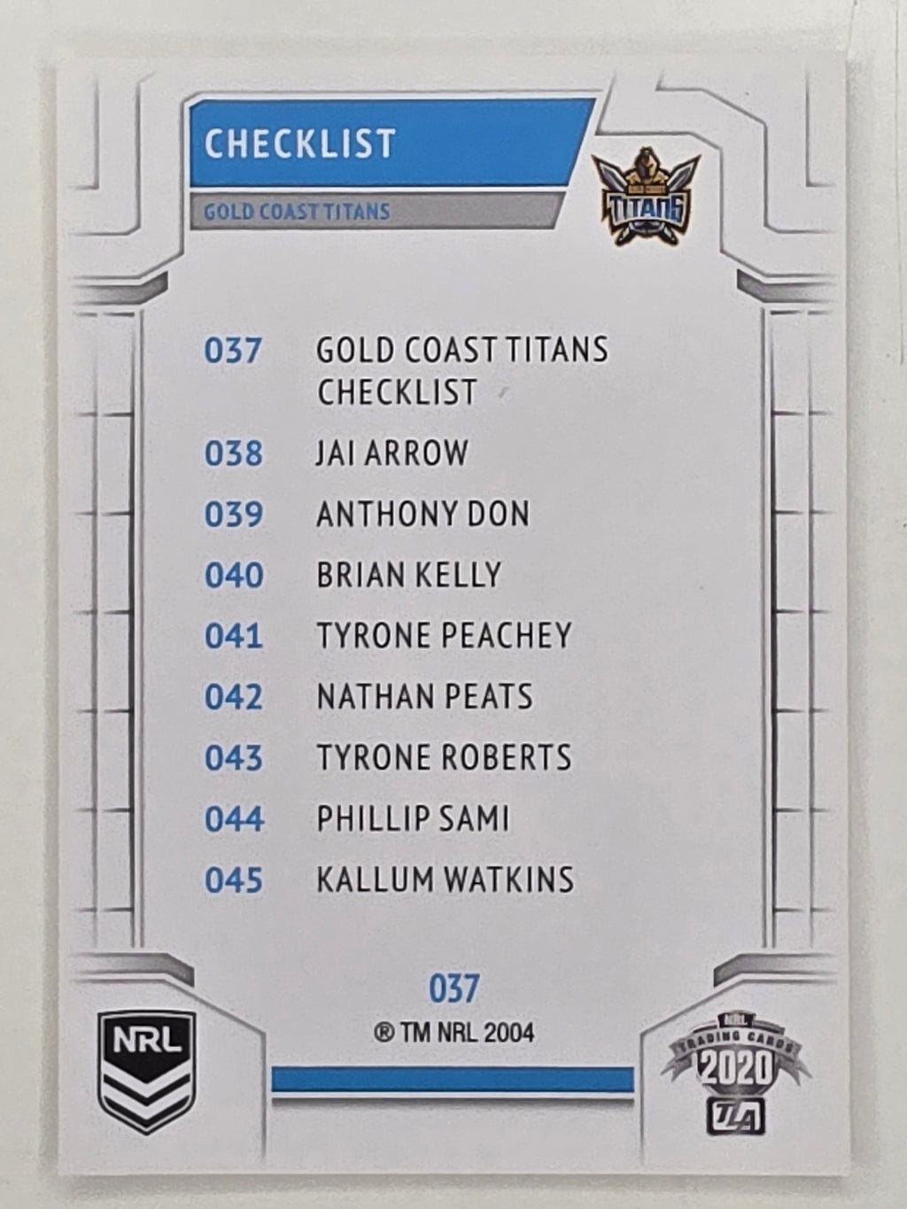 NRL 2020 Elite Base Card #037 Checklist Gold Coast Titans
