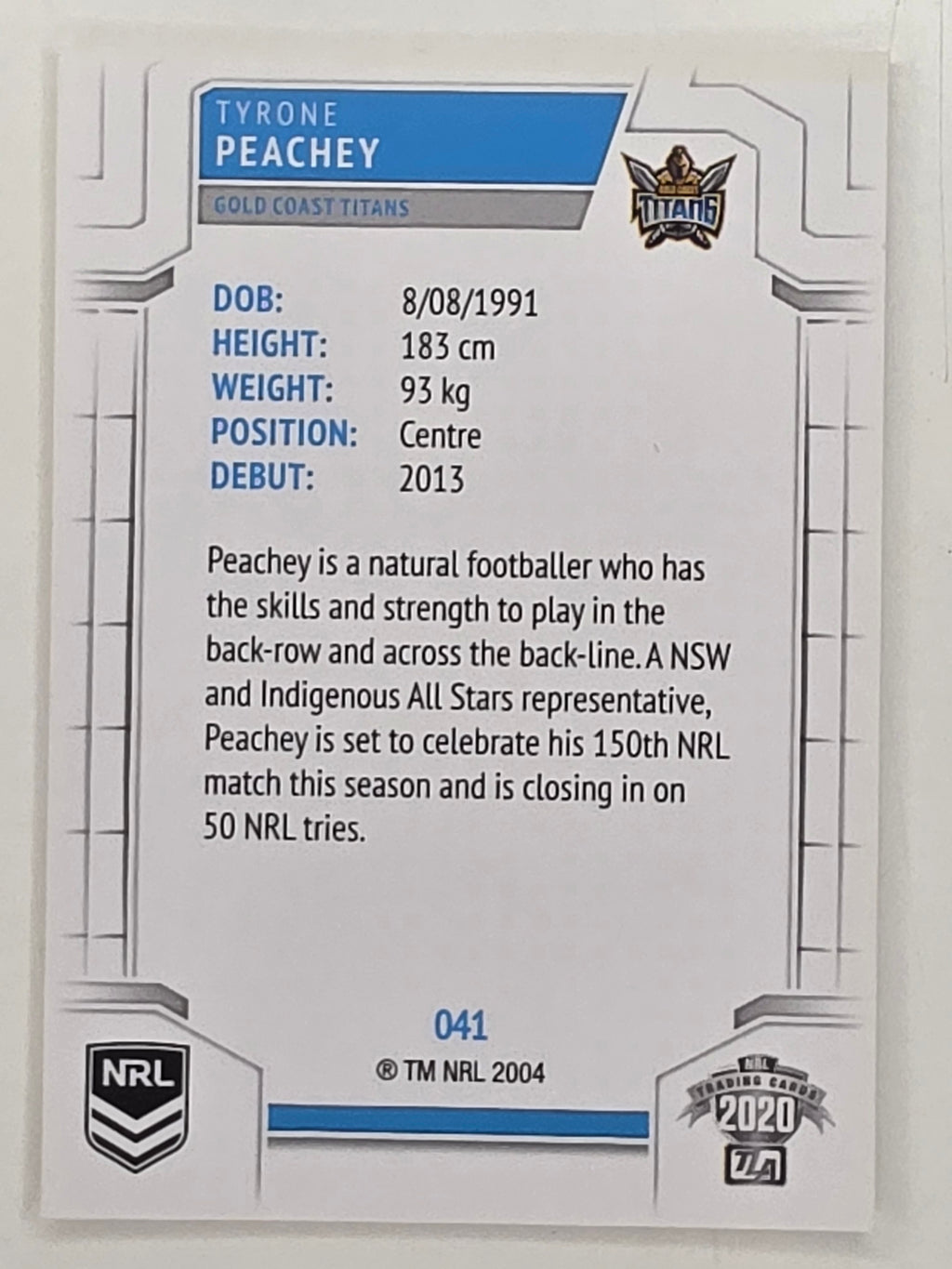 NRL 2020 Elite Base Card #041 Tyrone Peachey Gold Coast Titans