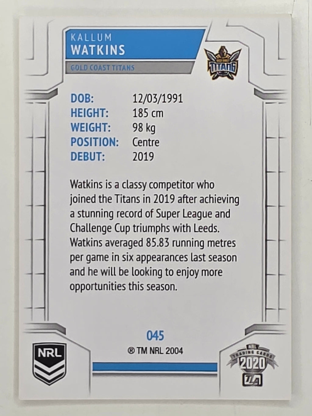 NRL 2020 Elite Base Card #045 KalIum Watkins Gold Coast Titans