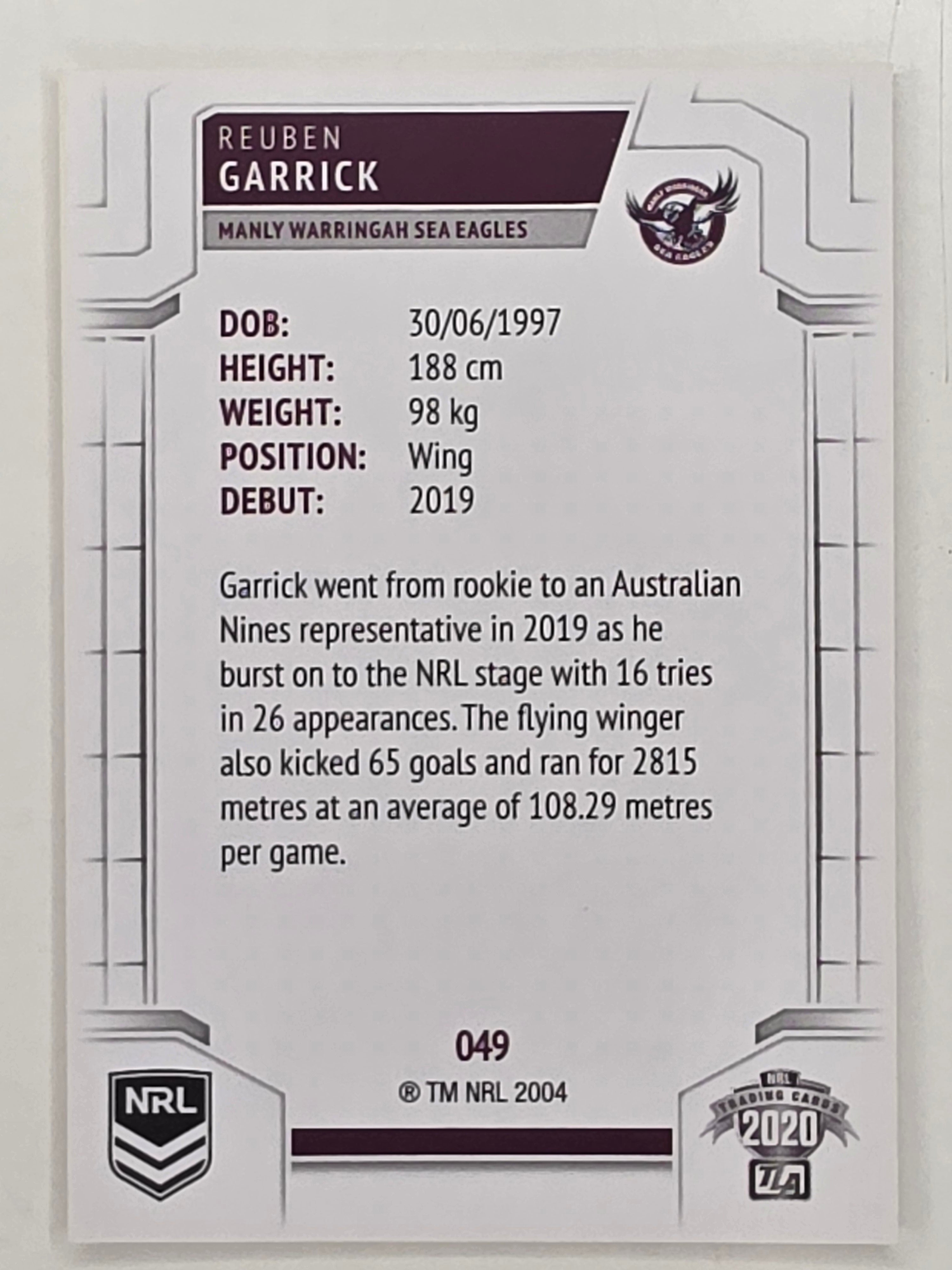 NRL 2020 Elite Base Card #049 Reuben Garrick Manly Warringah Sea Eagles