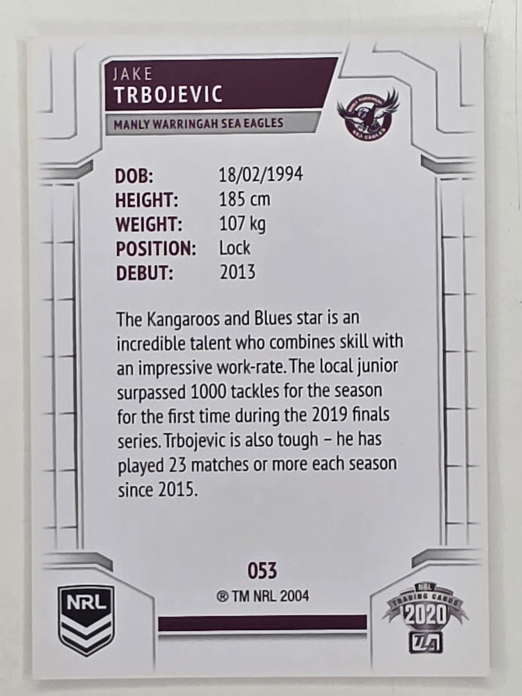NRL 2020 Elite Base Card #052 Jake Trbojevic Manly Warringah Sea Eagles