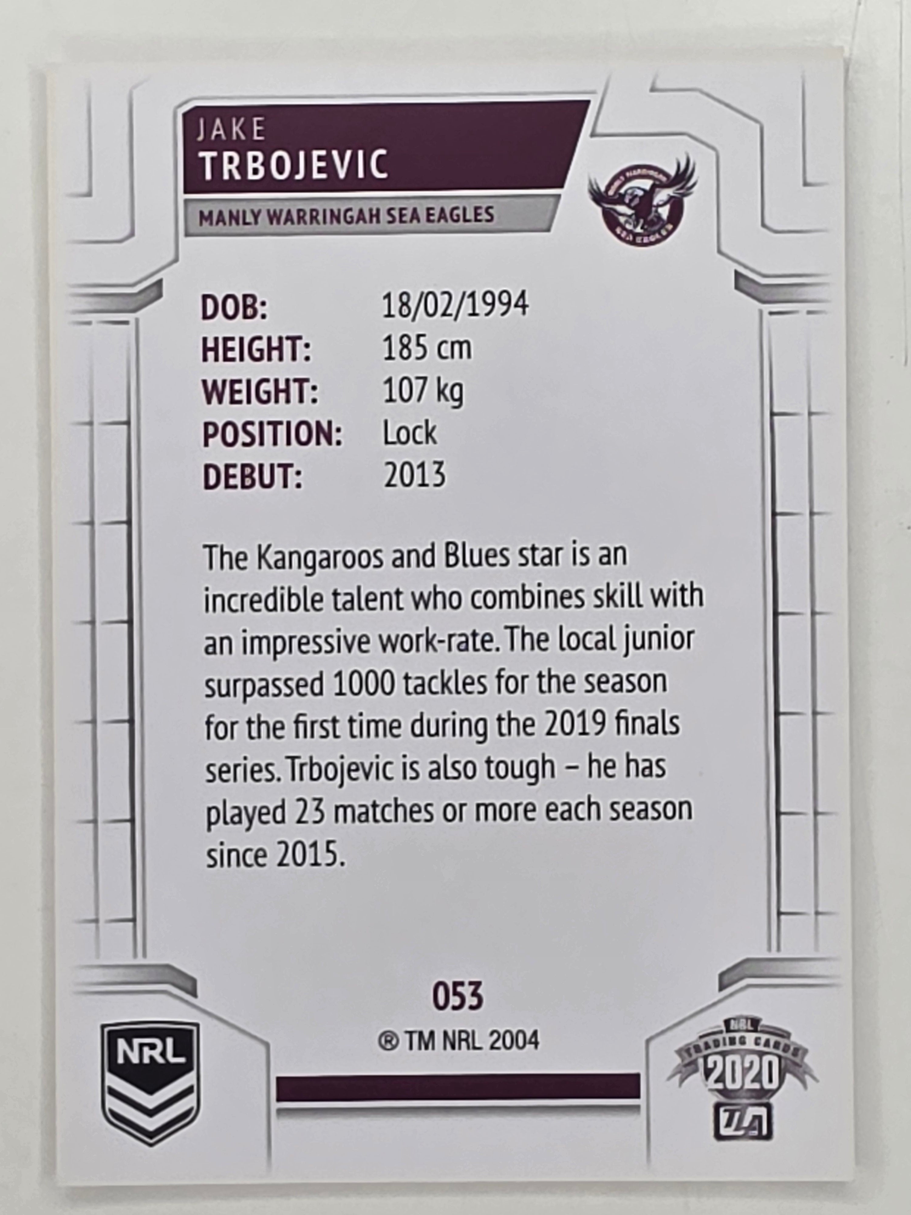NRL 2020 Elite Base Card #052 Jake Trbojevic Manly Warringah Sea Eagles