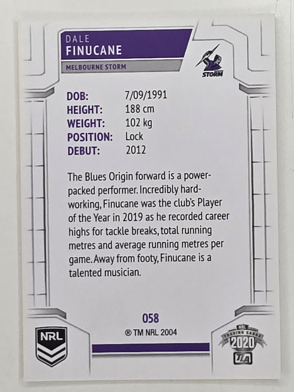 NRL 2020 Elite Base Card #058 Dale Finucane Melbourne Storm