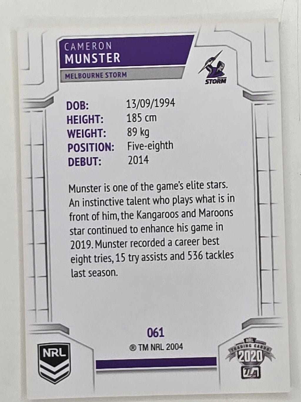 NRL 2020 Elite Base Card #061 Cameron Munster Melbourne Storm