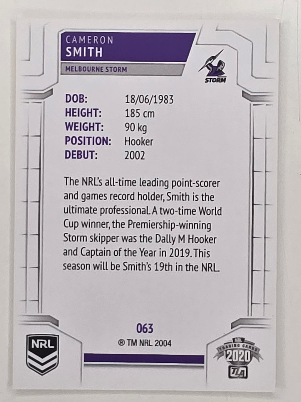 NRL 2020 Elite Base Card #063 Cameron Smith Melbourne Storm