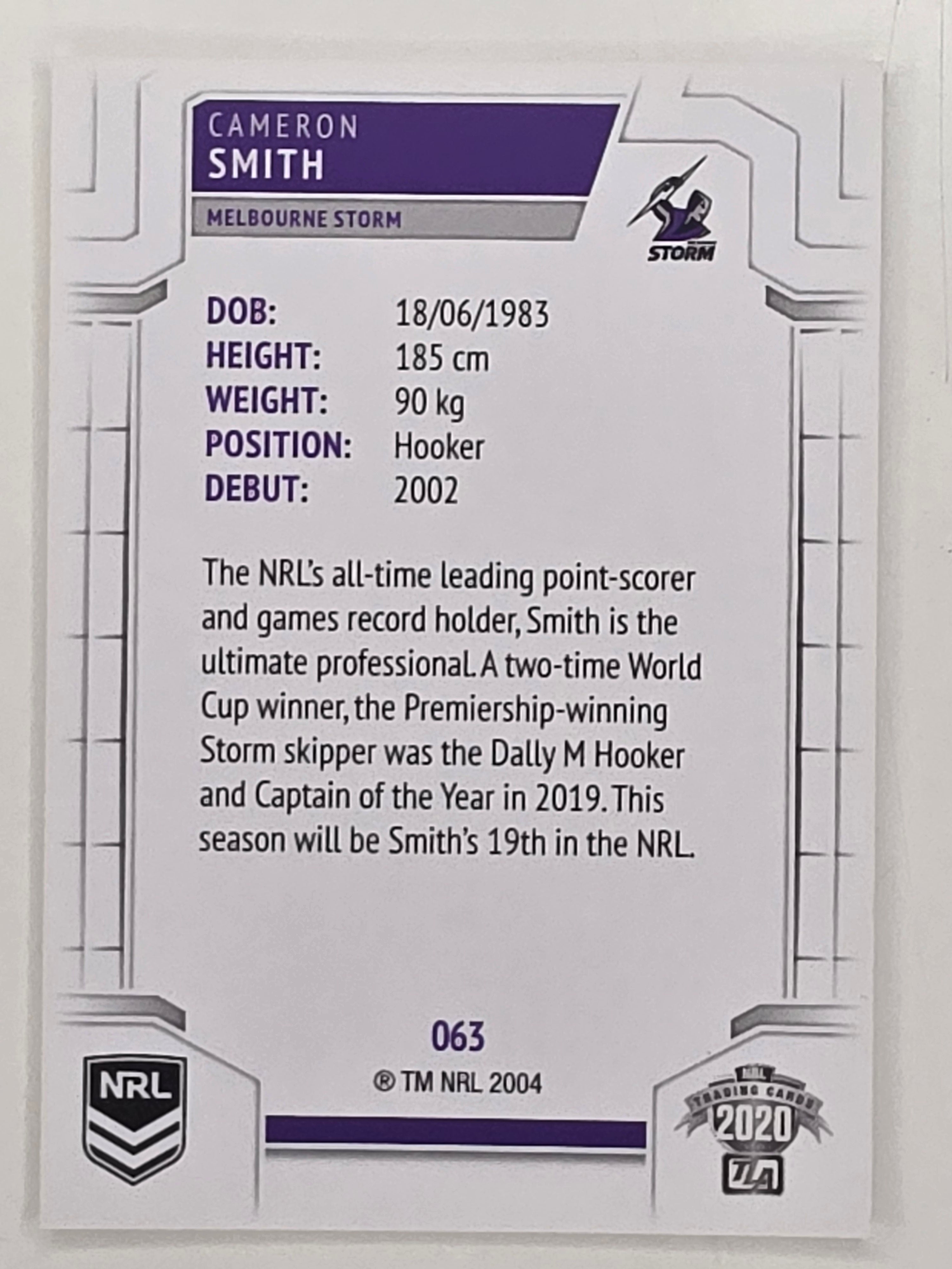 NRL 2020 Elite Base Card #063 Cameron Smith Melbourne Storm