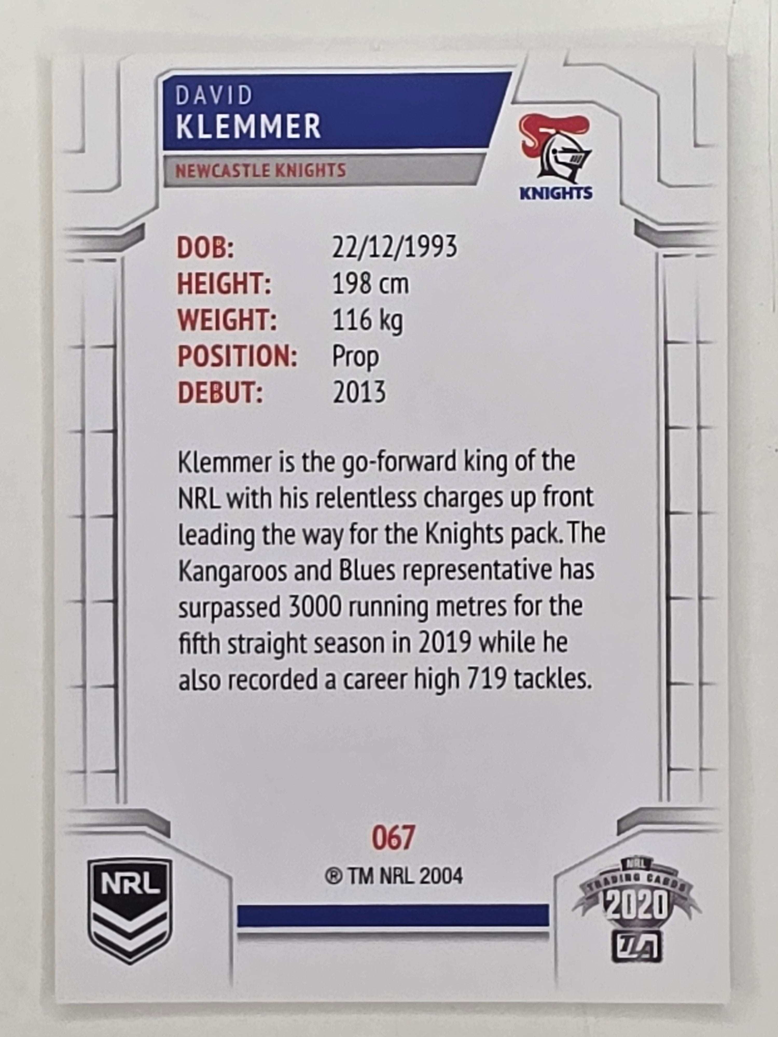 NRL 2020 Elite Base Card #067 David Klemmer Newcastle Knights