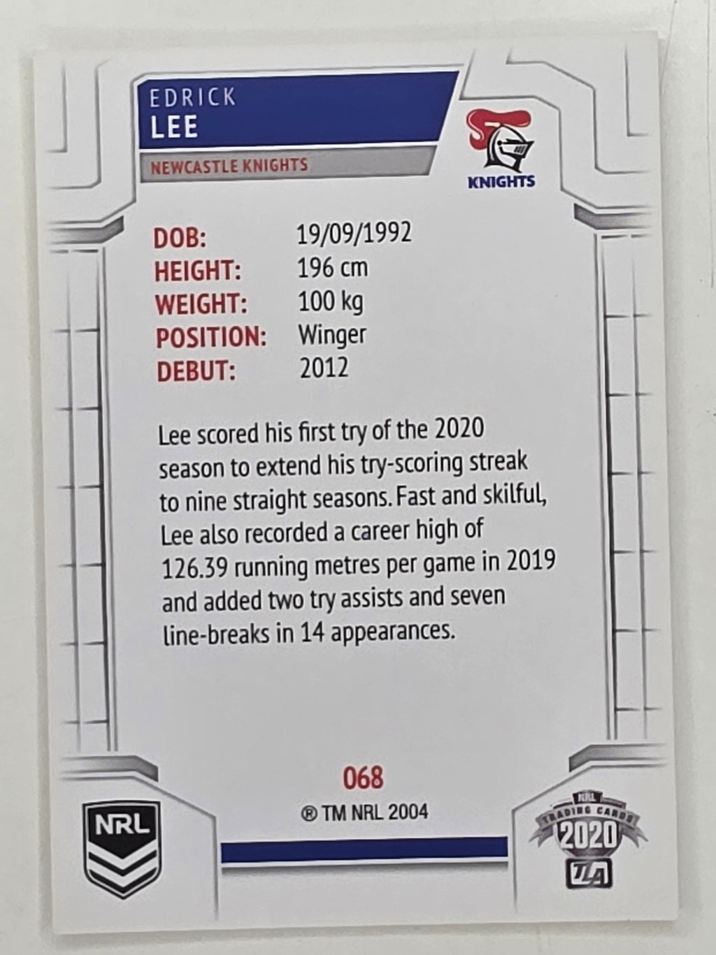NRL 2020 Elite Base Card #068 Edrick Lee Newcastle Knights