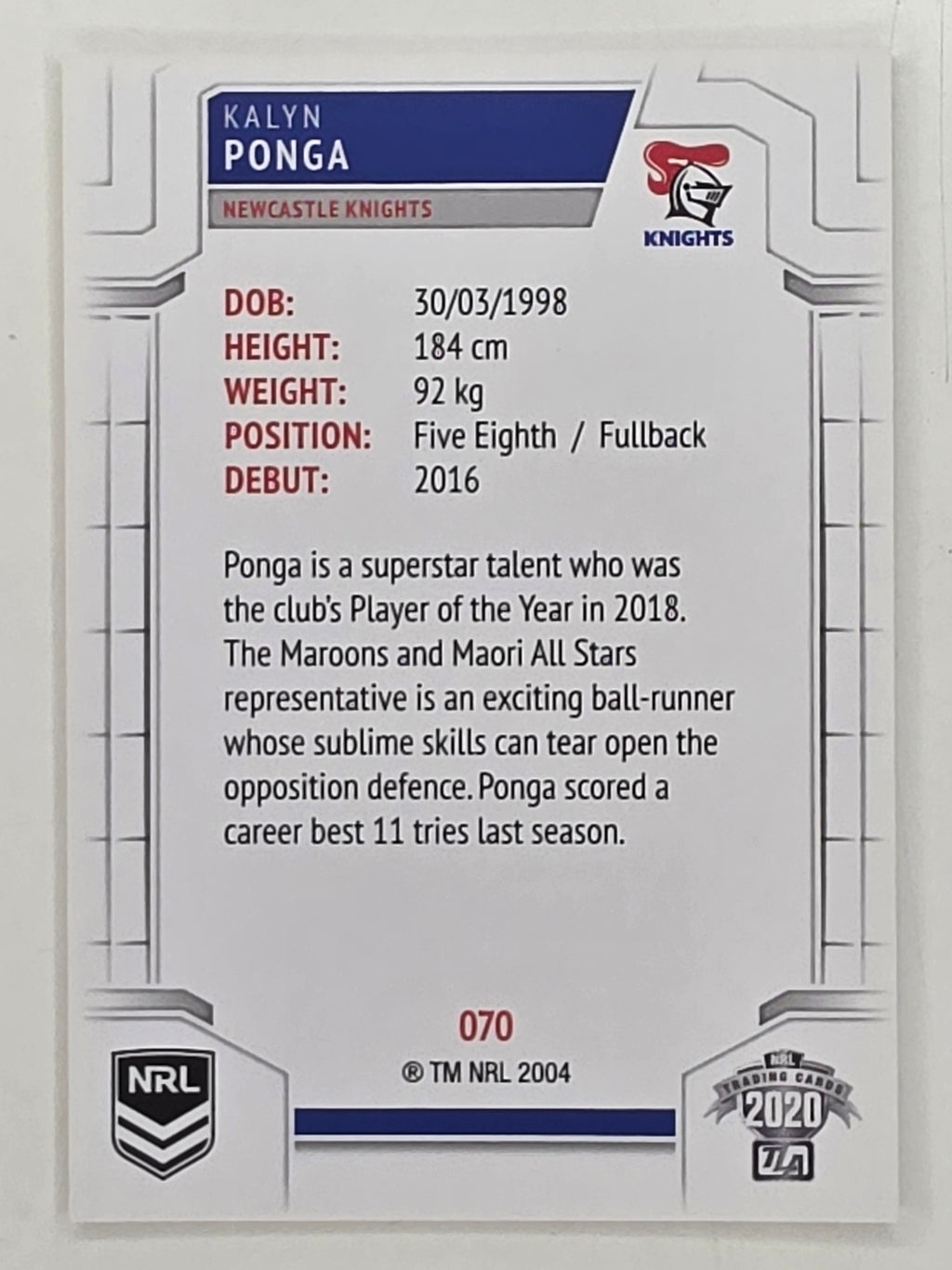 NRL 2020 Elite Base Card #070 Kalyn Ponga Newcastle Knights