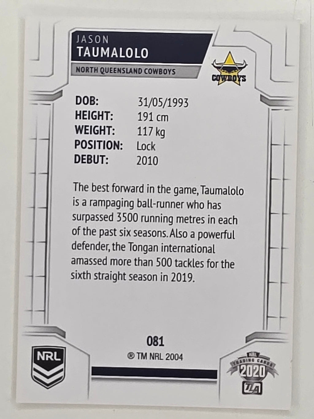 NRL 2020 Elite Base Card #081 Jason Taumalolo North Queensland Cowboys