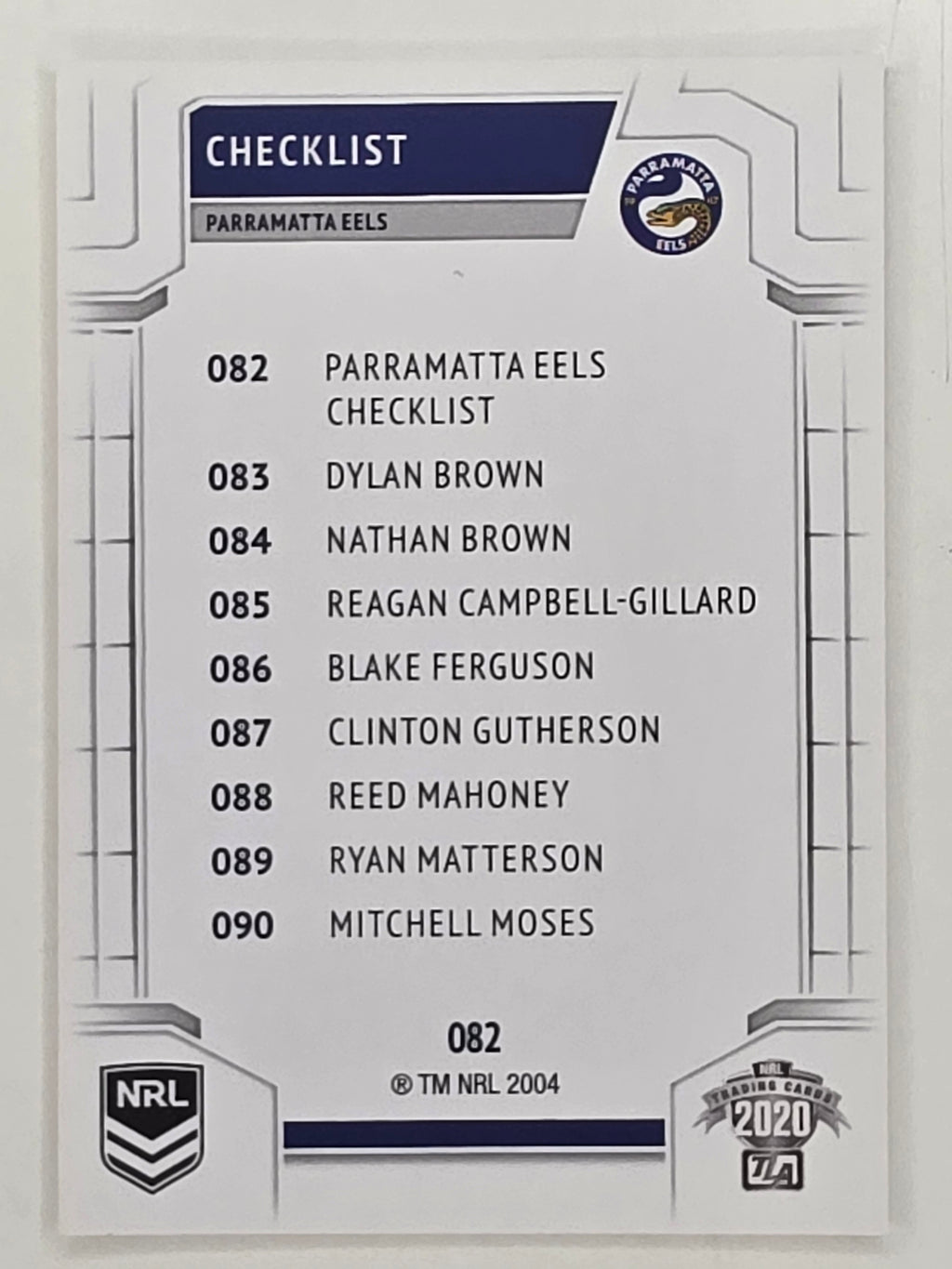 NRL 2020 Elite Base Card #082 Checklist Parramatta Eels
