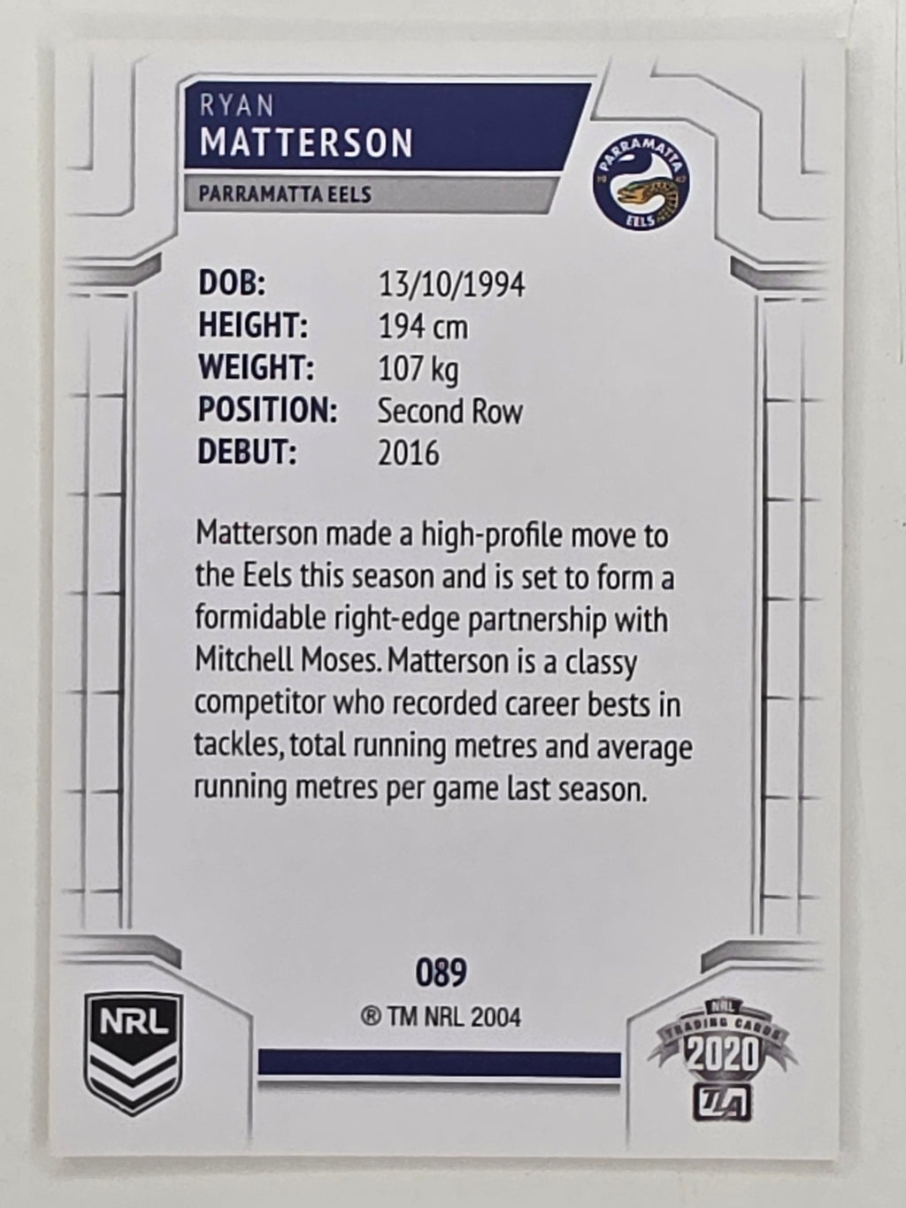 NRL 2020 Elite Base Card #089 Ryan Matterson Parramatta Eels