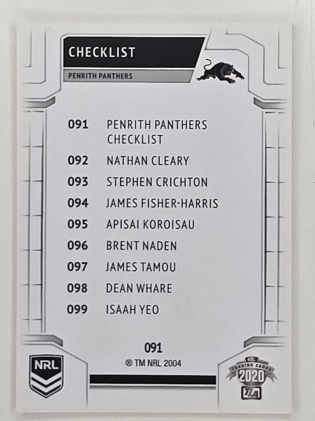 NRL 2020 Elite Base Card #091 Checklist Penrith Panthers
